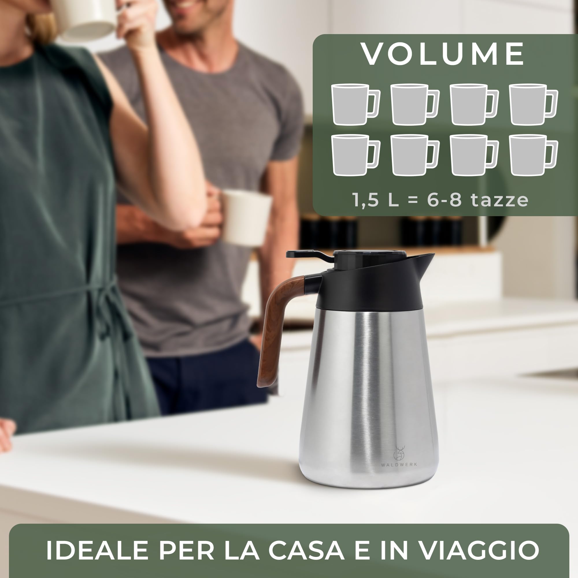 WALDWERK Caraffa Termica (1,5L) – Thermos Caffè in acciaio inox 304 a doppia parete – Brocca Isolante con beccuccio antigoccia – Bottiglia Termica per Caffè