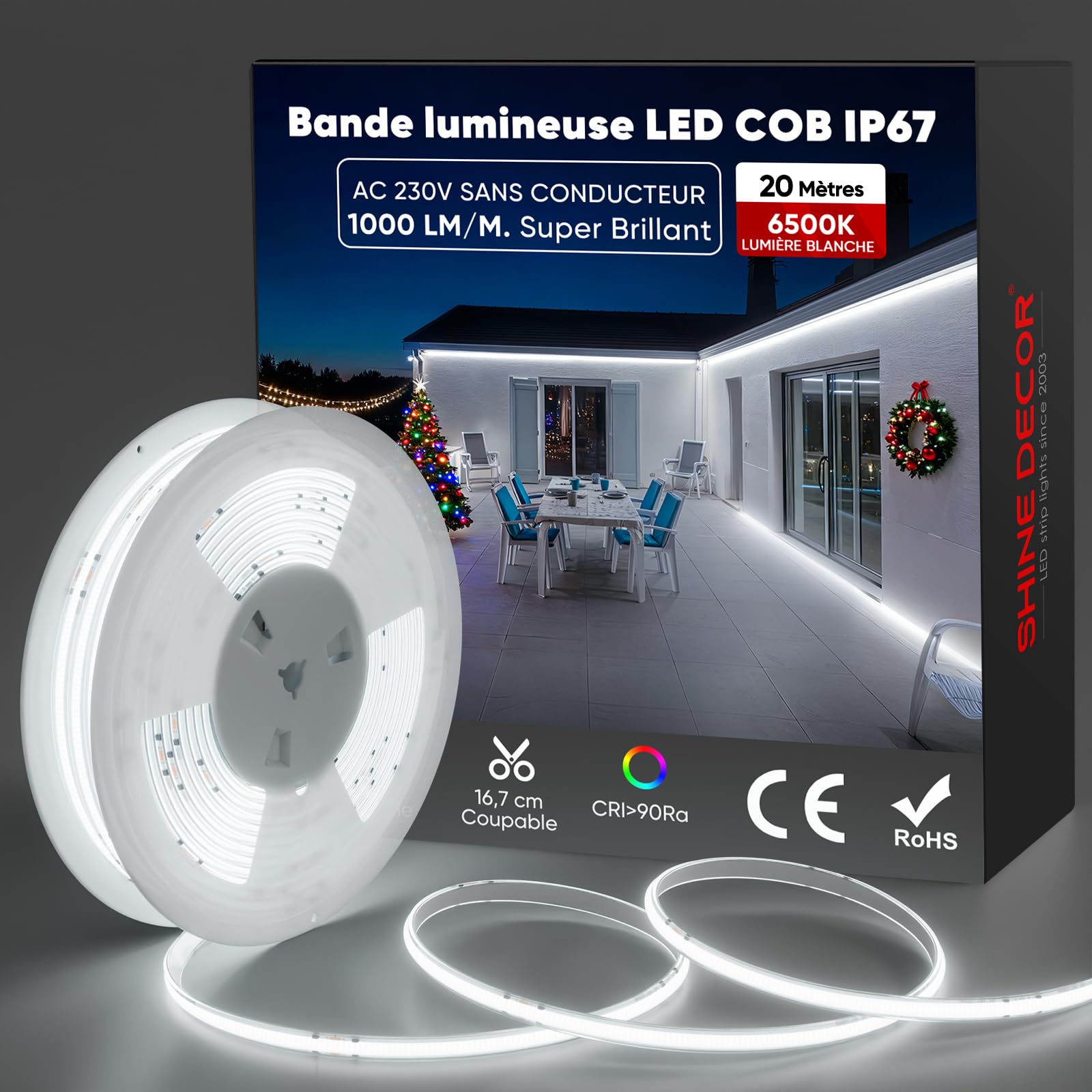 Shine Decor Bande Lumineuse à LED, AC 220V 230V Ruban LED, IP67 étanche, 432 leds/m Ultra Haute Luminosité Bande LED Certifié CE pour pour l'éclairage Intérieur et Extérieur (Blanc Froid,20m)