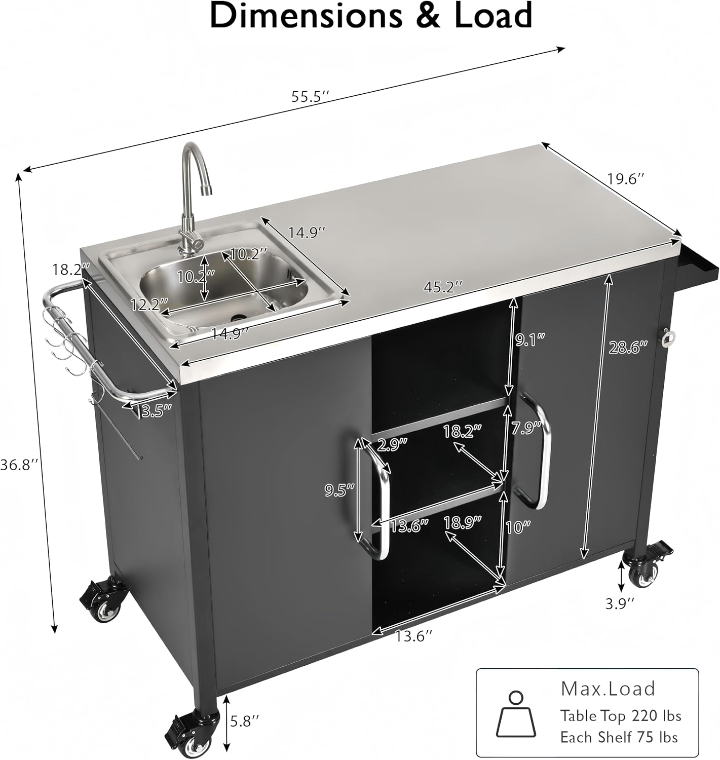 Outdoor Kitchen Island, 55.5" Metal Grill Cart Table with 304 Stainless Steel Sink, Adjustable Shelf, Towel Rack, Paper Rack, Door Storage Shelf, Bar Cart Sink Station with 4 Lockable Wheels