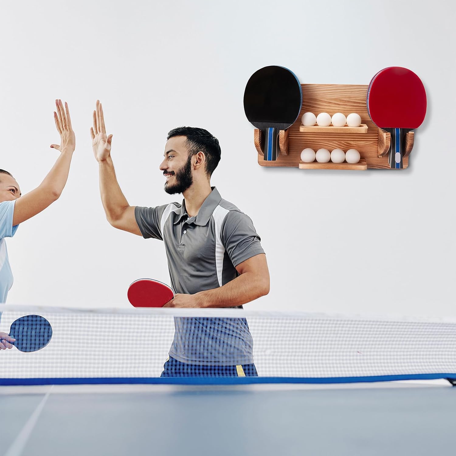 Ping Pong Paddle Storage Rack, Ping Pong Accessories Organizer Wall-Mount for 6 Paddles, 6 Pickleball Paddles and Balls, Pine Wood Table Tennis Racket Display for Game Room Bar Office Home