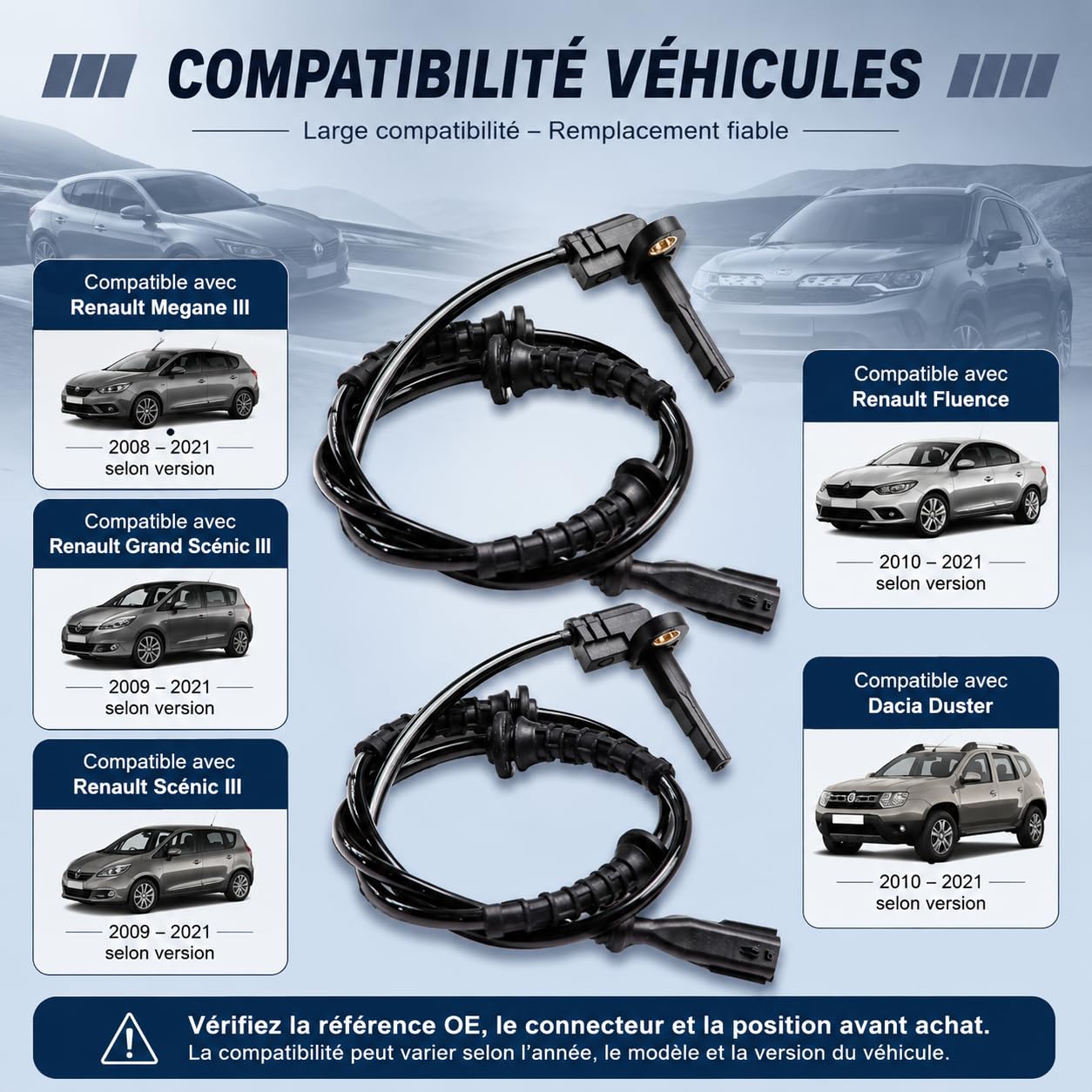 2x Capteurs ABS Avant Gauche Avant Droit 479109155R Compatible avec Renault Megane III Grand Scénic III Scénic III Fluence Compatible avec Dacia Duster Capteur de Vitesse de Roue 2 Broches