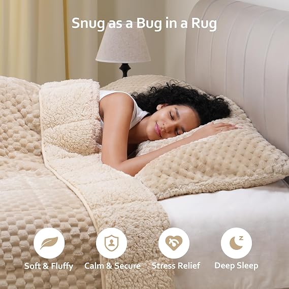 Drewin Weighted Blanket Queen Size 15lbs, Dual Sided Soft Fuzzy Jacquard Sherpa Weighted Blanket for Adults, Cozy Fluffy Knitted Heavy Blanket for Couch Bed, 60 x 80 inches