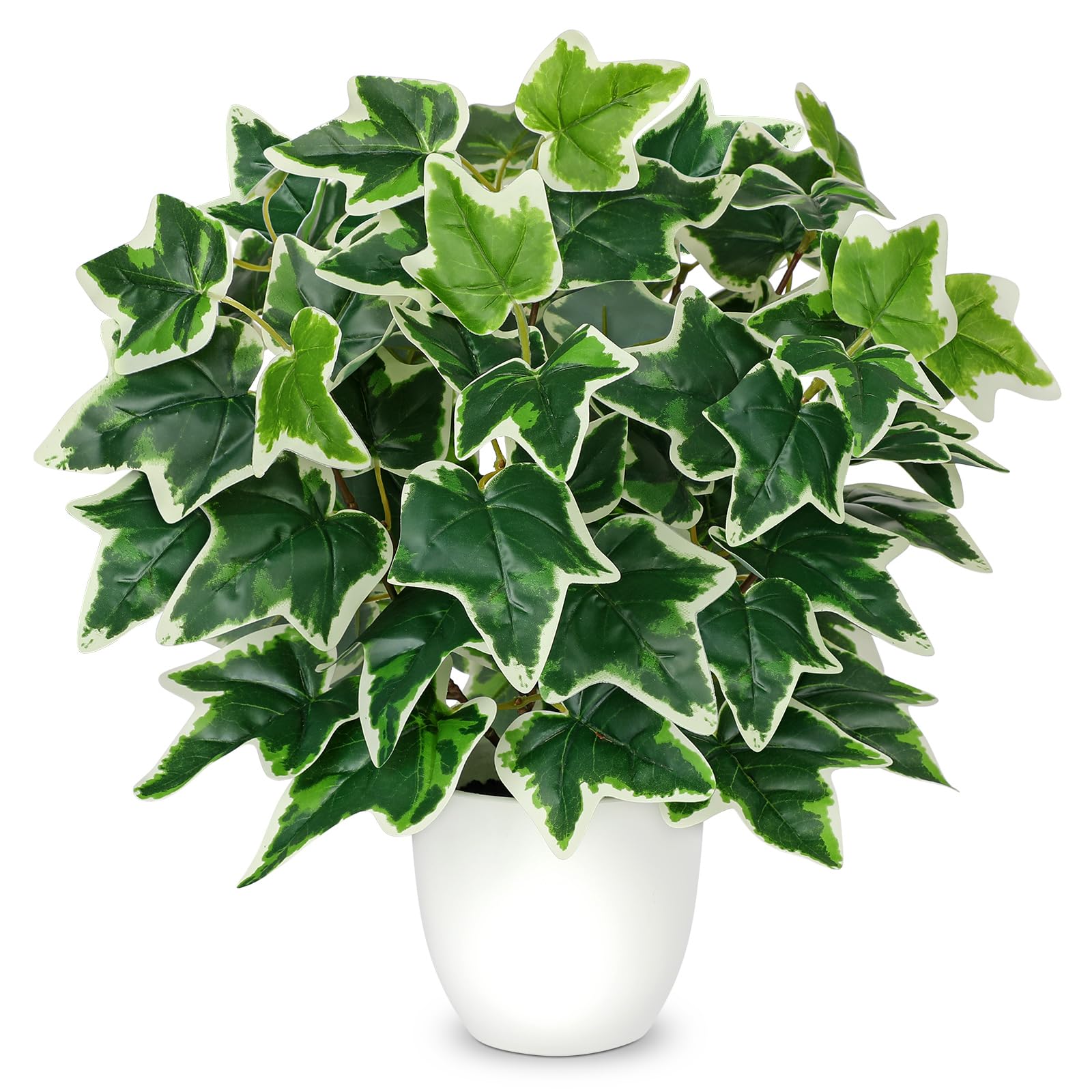 Hollyone 40CM Variegated Artificial Ivy in White Pot, 15.7'' Fake Plants for Home Decor, Realistic Faux Greenery for Living Room, Kitchen Table Centerpiece, Shelf, Windowsill Decorations