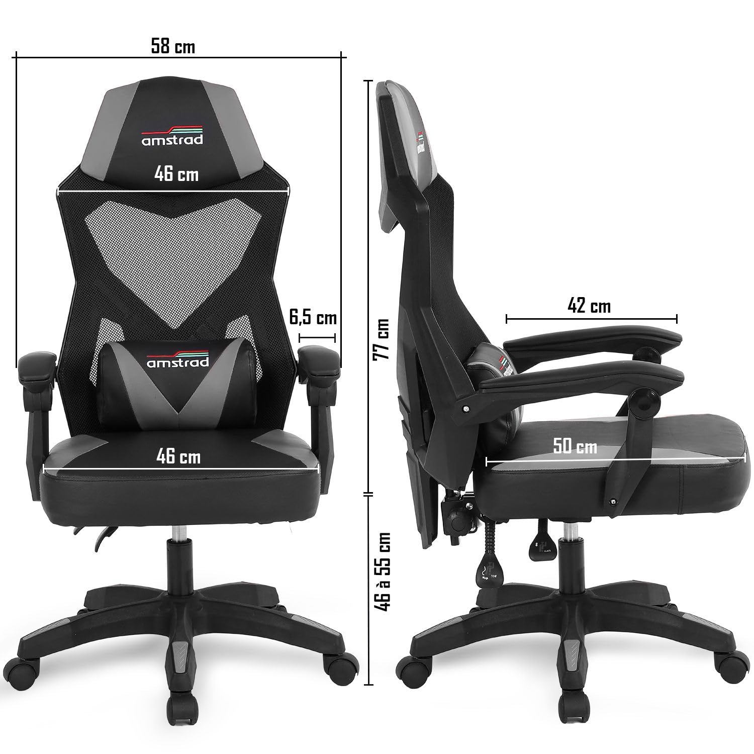 Silla Gaming Ergonómica, Malla Transpirable, Respaldo Reclinable 135°, Blanco y Negro