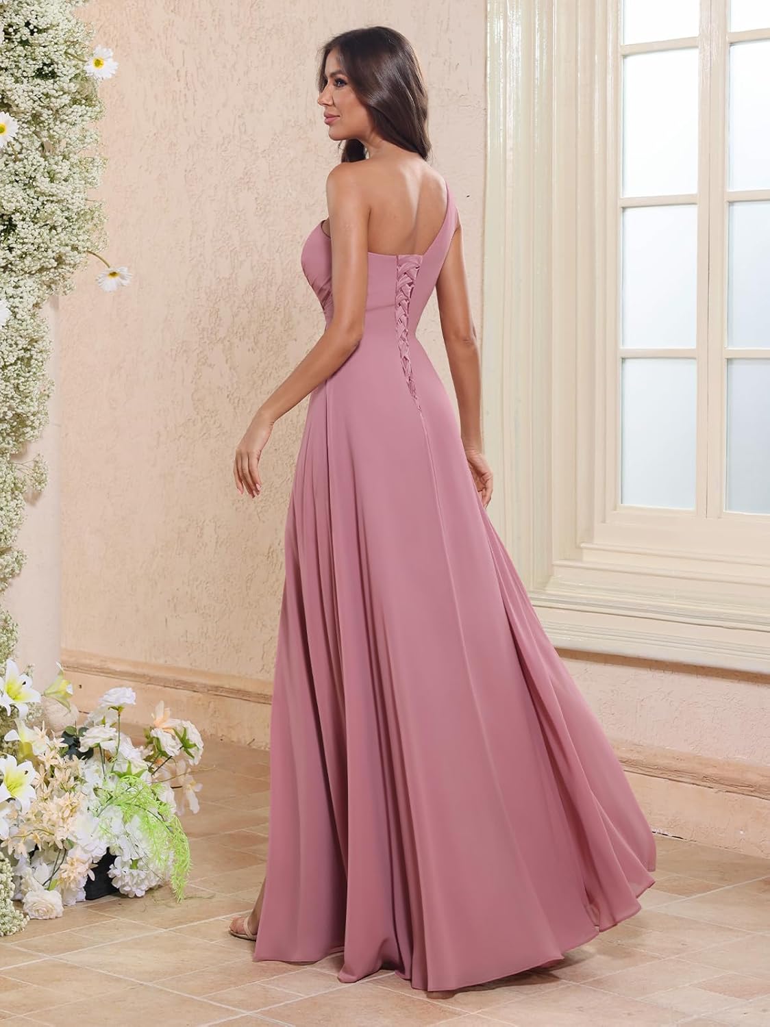 One Shoulder Bridesmaid Dresses for Women 2026 Long Chiffon Formal Wedding Guest Evening Dress with Slit - Image 4