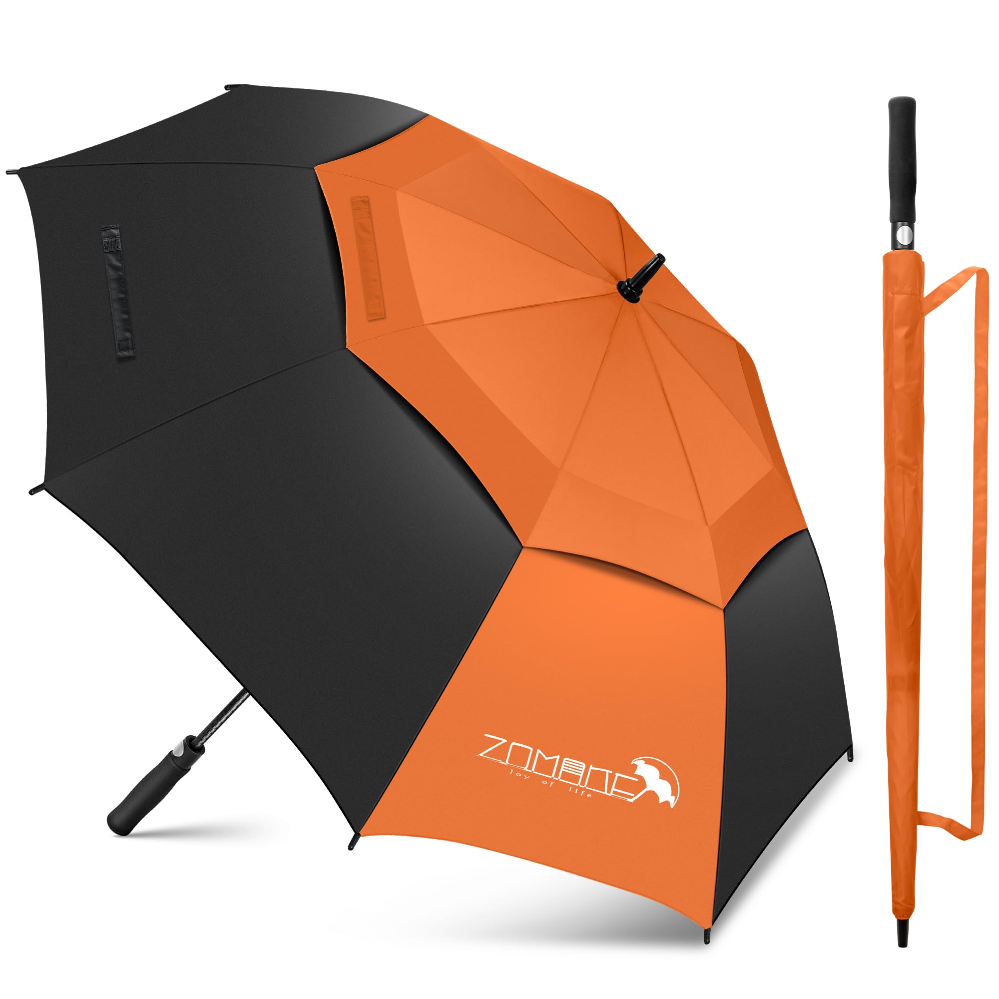 ZOMAKE Golf Umbrella Windproof and Rainproof 62in, Large Umbrella Windproof Strong, Unbreakable Big Golfing Brolly Double Canopy for Men Women (Black/Orange)
