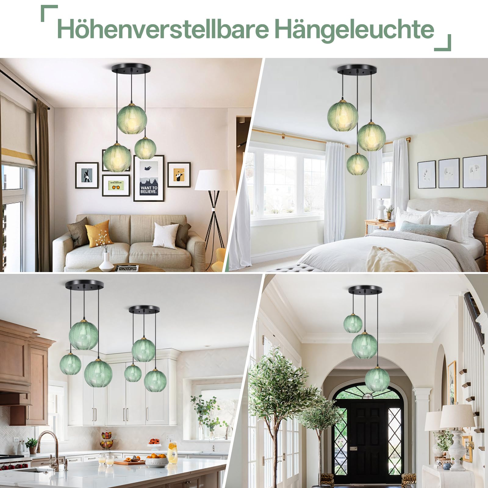 Pendelleuchte Esstisch 3-Flammig, Modern Hängeleuchte Höhenverstellbar Hängelampe Glas Grün, E27 Esstischlampe Hängend für Wohnzimmer Küche Schlafzimmer Flur