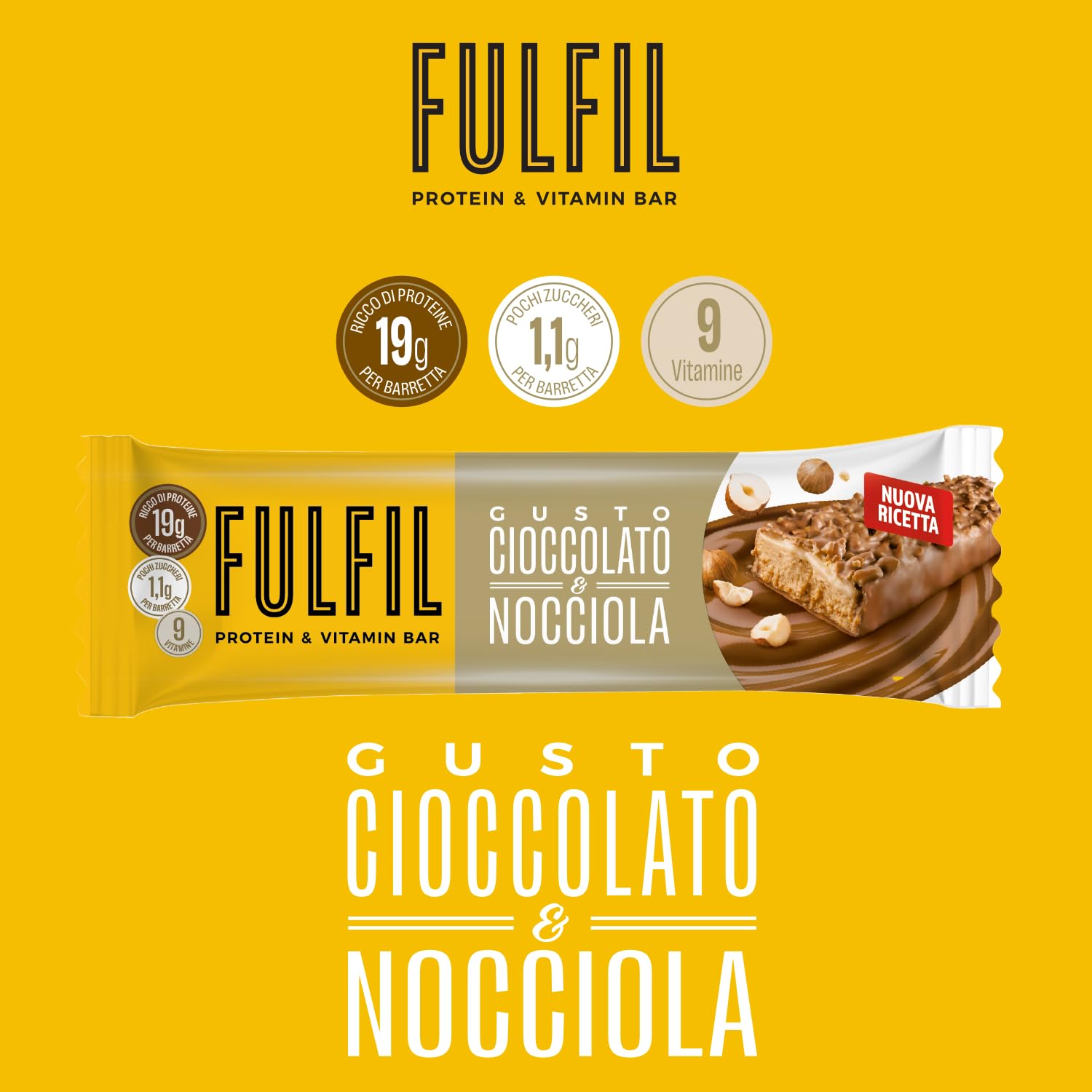 FULFIL - 15 Barrette Proteiche da 55 Grammi, Gusto Cioccolato e Nocciola con 9 Vitamine e Pochi Zuccheri, Confezione da 825 Grammi