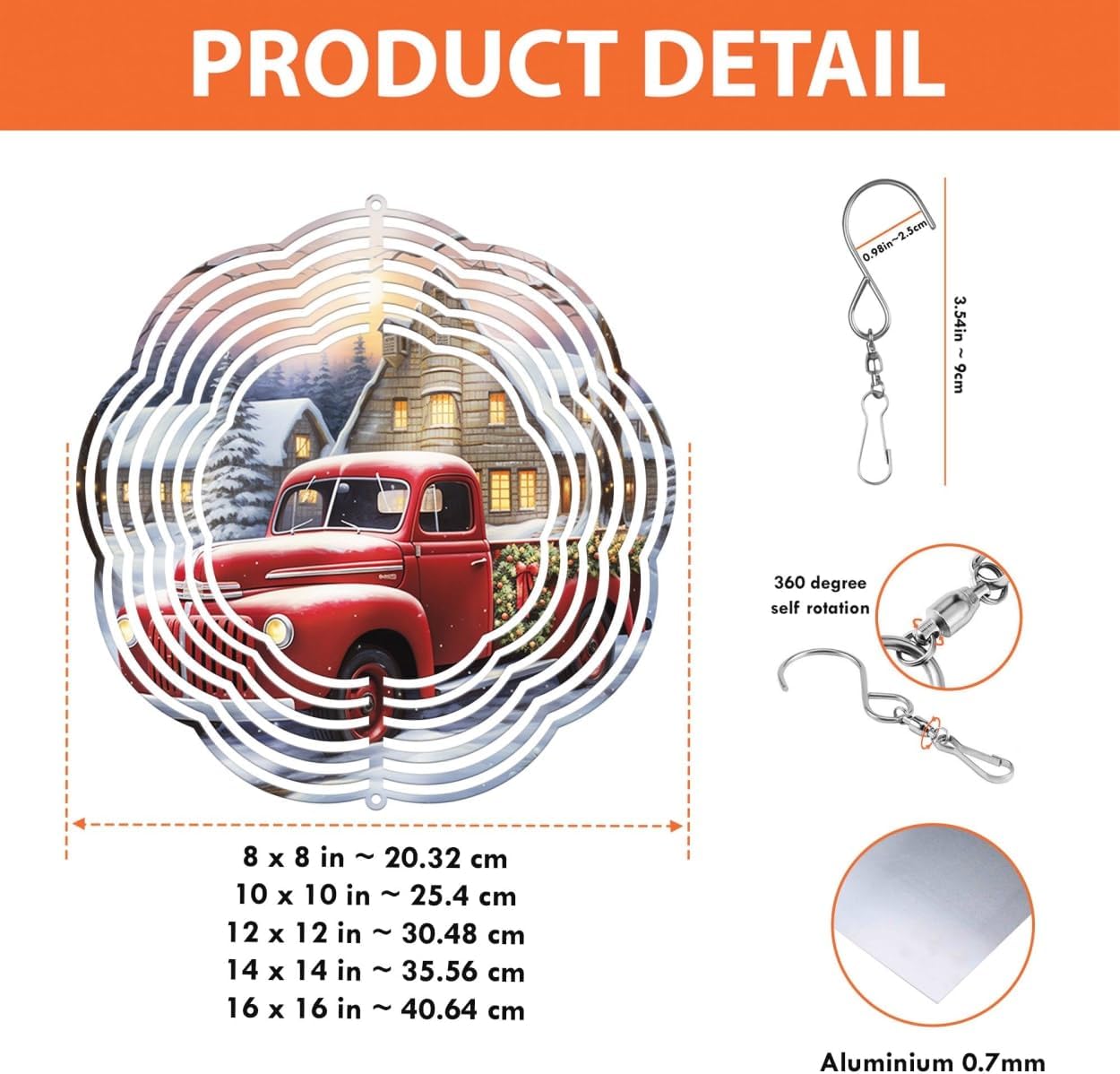 Red Truck Farmhouse Winter Christmas Wind Spinners 3D Stainless Steel Laser Cut Metal Double Sided Printing-Hanging Indoor/Outdoor Decorations Yard Gardening Decor,Metal Kinetic Art 16x16 inches