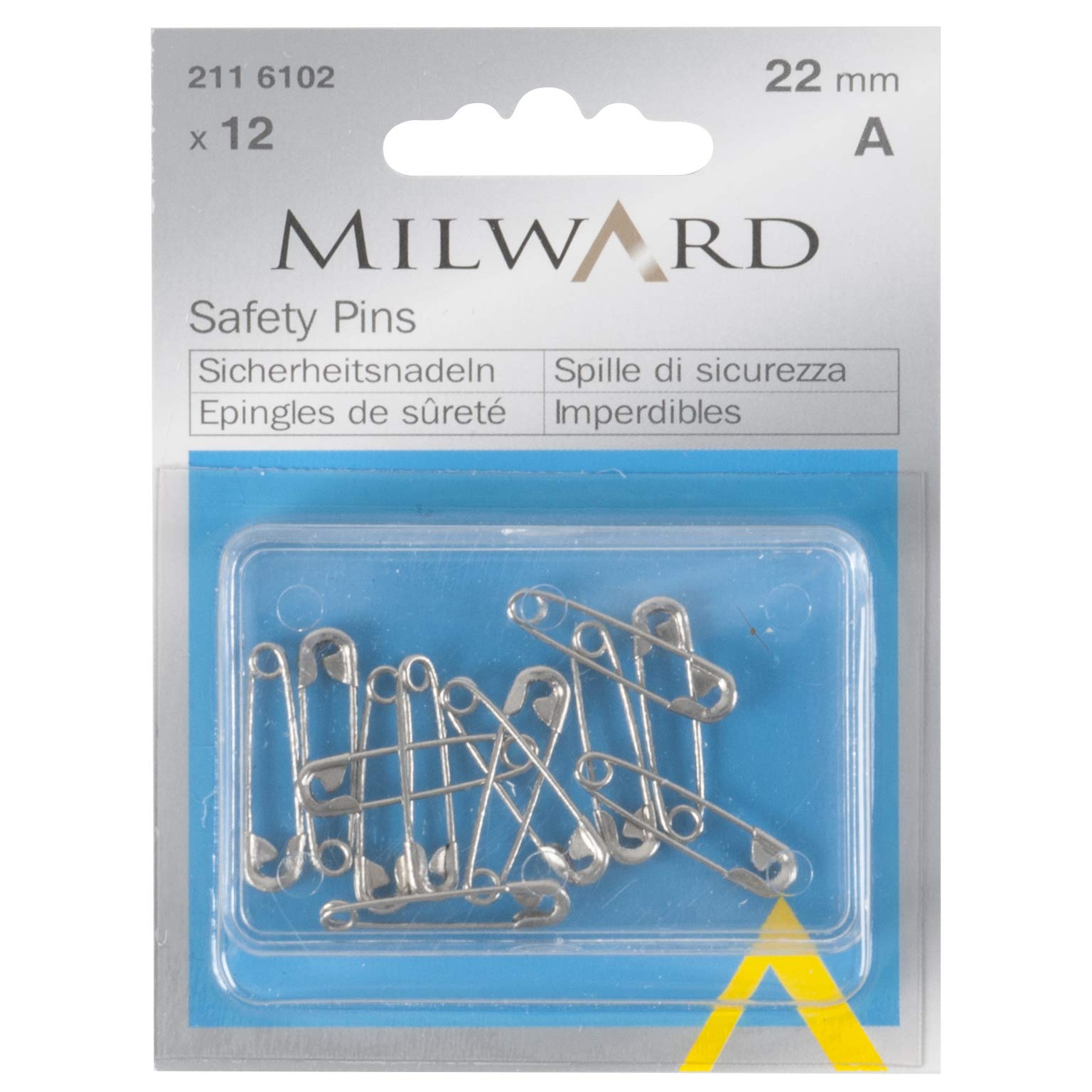 MILWARD Safety Pins, Silver, 22mm, 12 Pieces