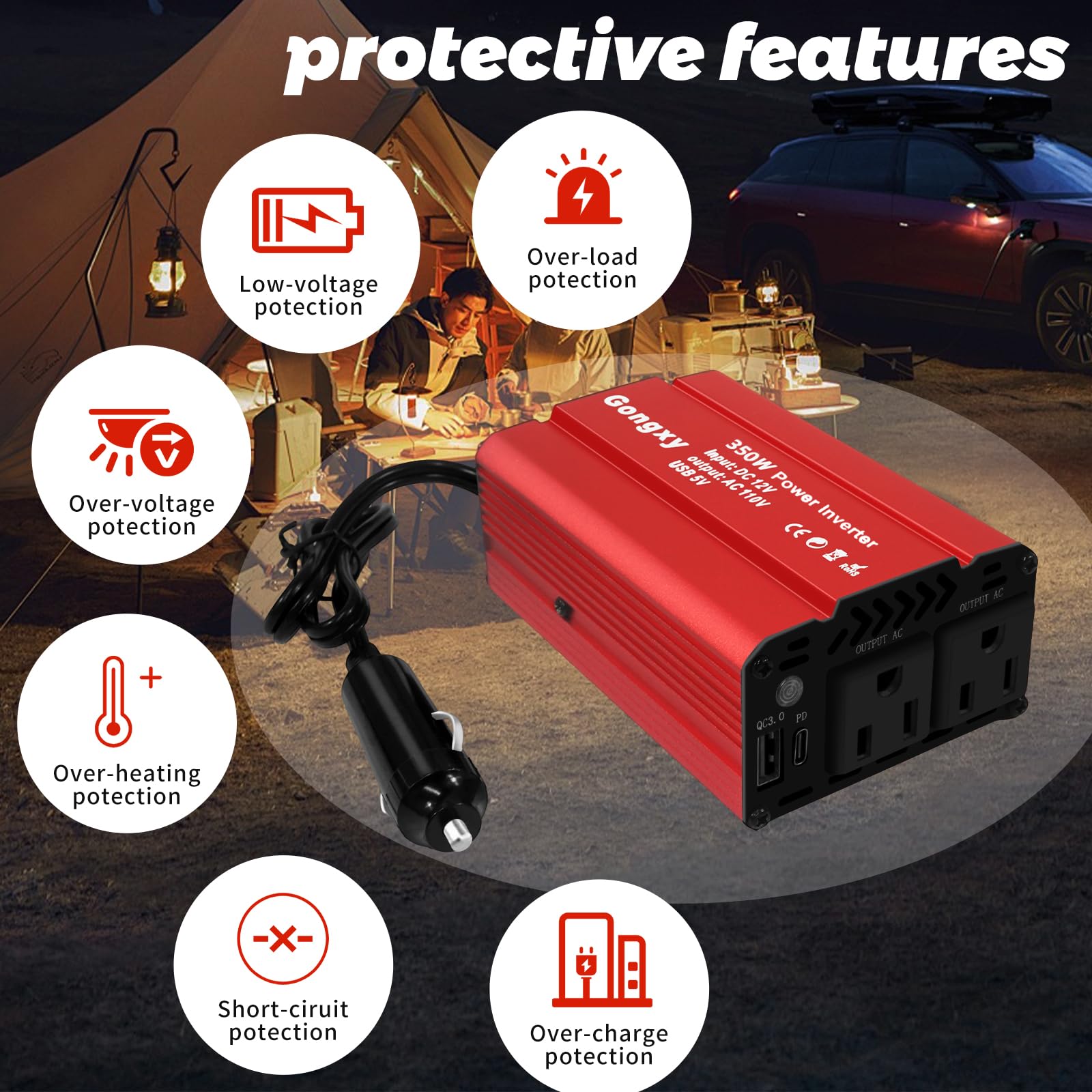 Przetwornica mocy 350 W dla pojazdów 12 V na AC 110 V Przetwornica samochodowa Wtyczka ładowarki do USB QC 3.0 PD(65 W), adapter ładowarki samochodowej do podróży