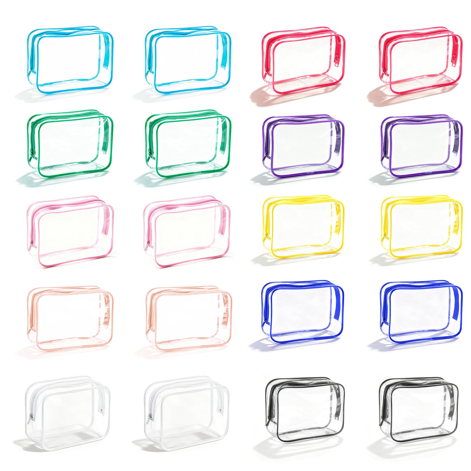 AMAZBEE 20 PCS Clear Makeup Bag Bulk per Organizzare PVC Portatile Cosmetici Bag con Zipper Pouch Pochette Sacchetto di Lavaggio Impermeabile Sacchetto di Lavaggio per Viaggio di Stoccaggio, 10 colori