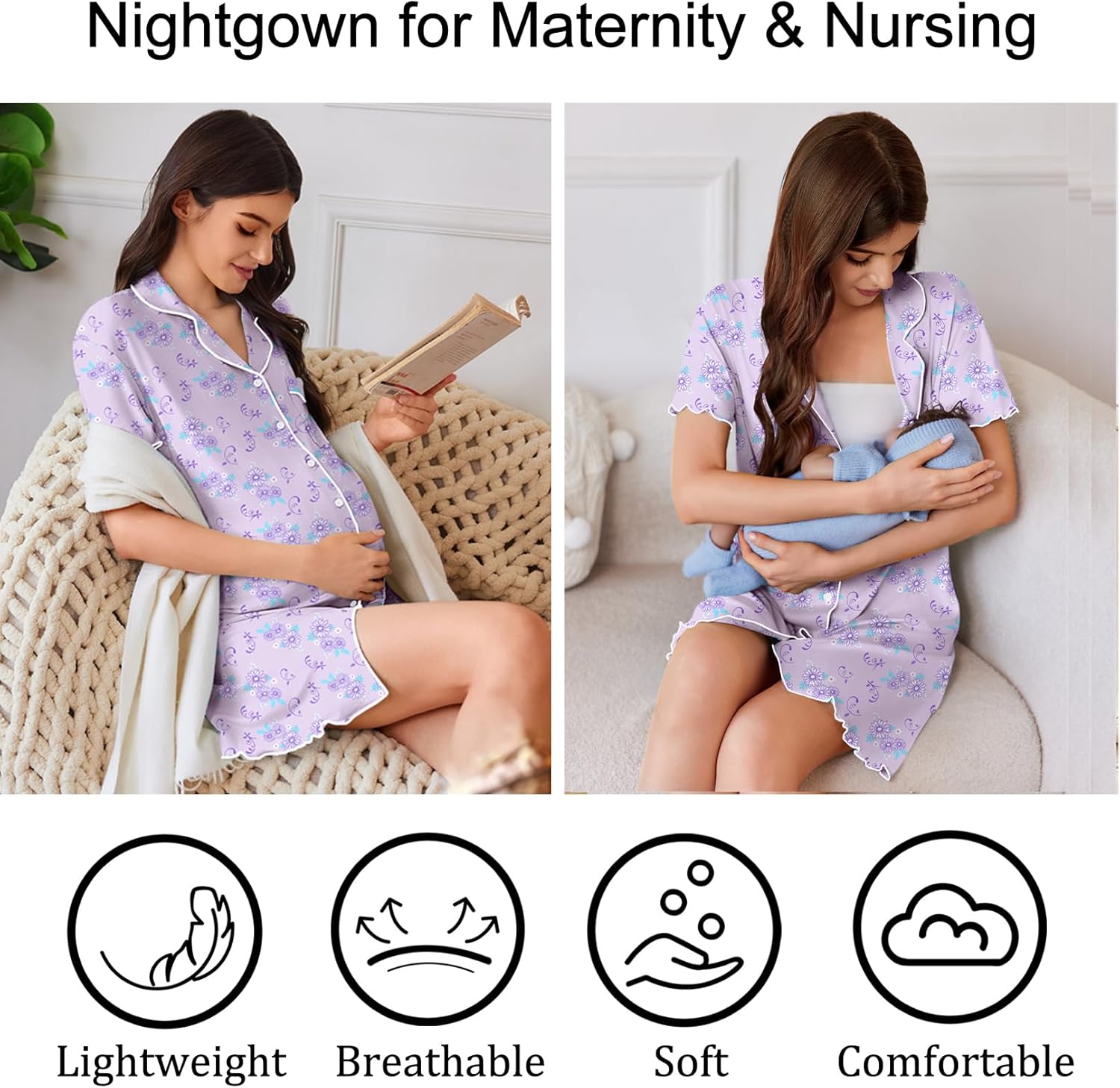 Ekouaer Cotton Nightgowns for Women Button Down Sleep Shirts Short Sleeve Night Gown Boyfriend Sleepwear Soft Night Shirts - Image 6