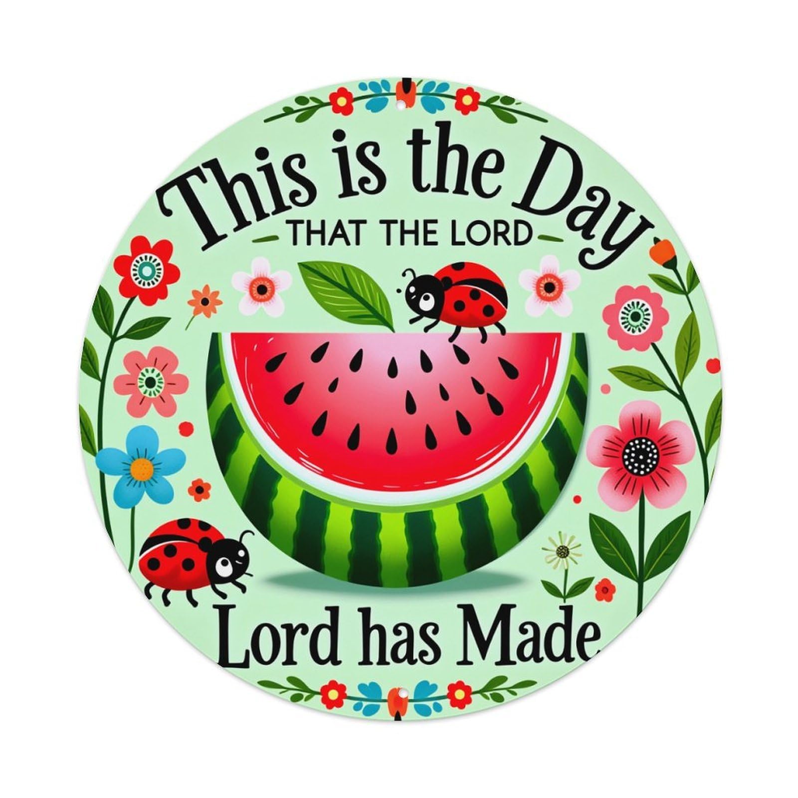 Watermelon Ladybugs Flowers Leaves Text Round Tin Sign Vintage Metal Sign Home Bar Garden Indoor & Outdoor Wall Decor Retro Metal Poster 8x8 Inch