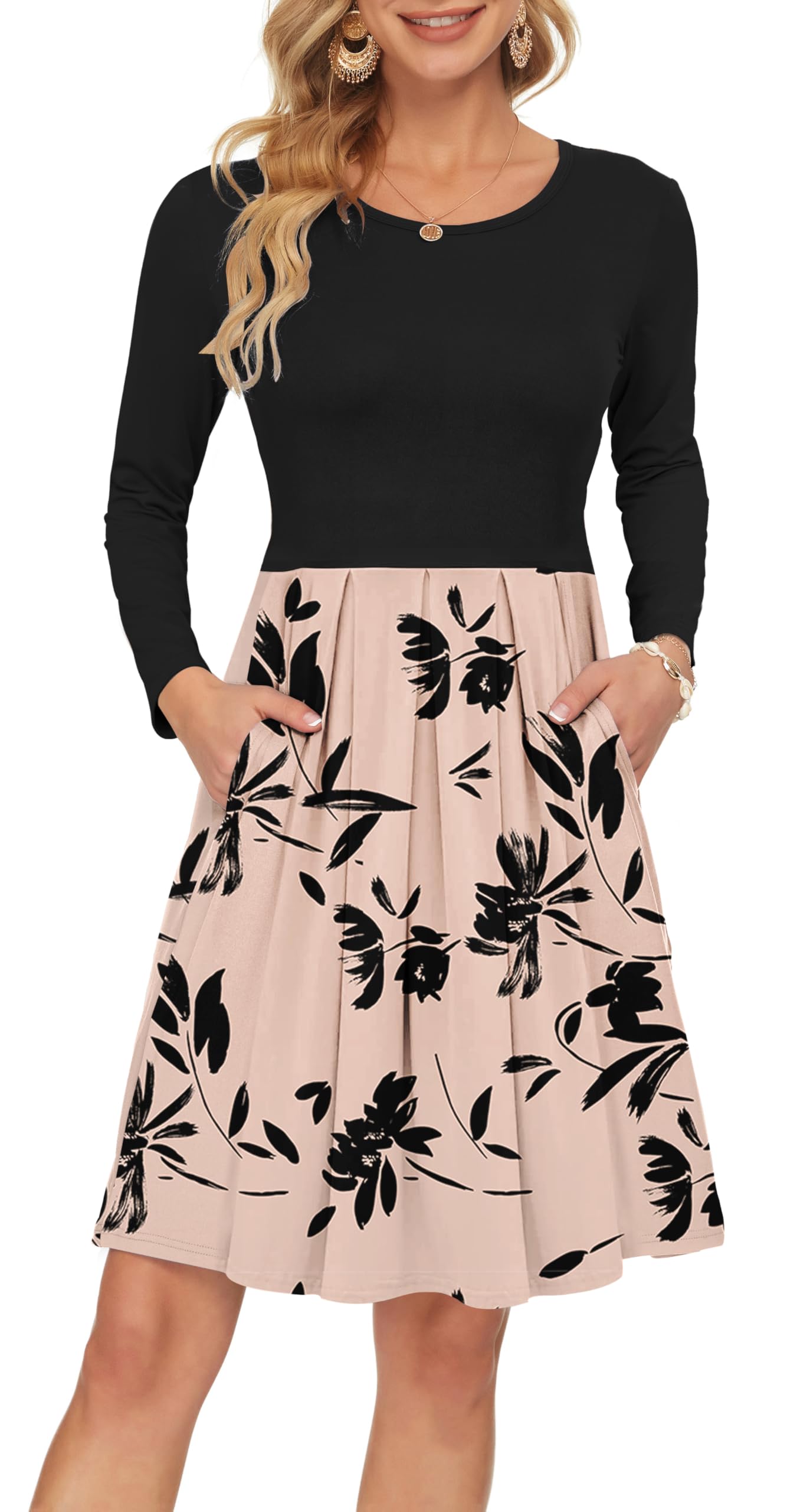 AUSELILY Women's Long Sleeve Pleated Loose Swing Casual Dress with Pockets Knee Length Floral Brown Join Black S