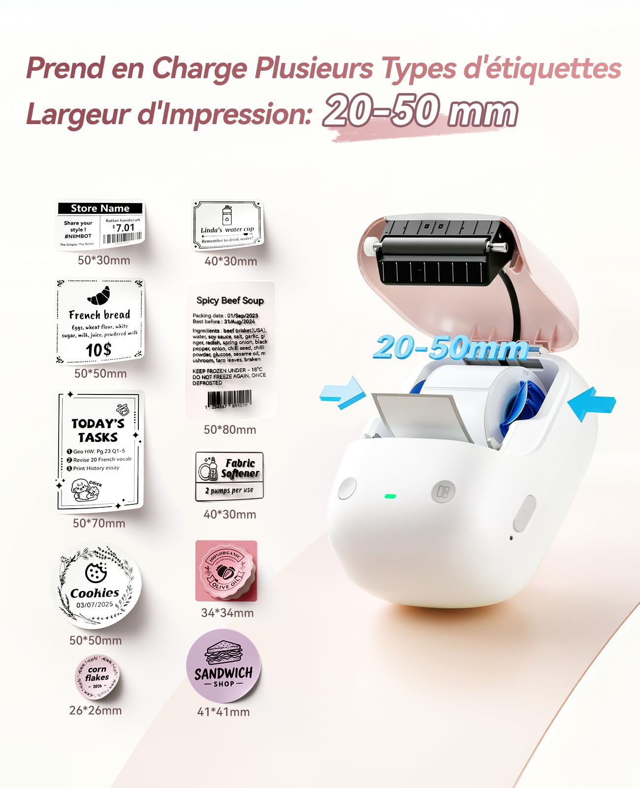 NIIMBOT B2 Étiqueteuse Portable Thermique sans Encre, Impression Hors Ligne, 50x30mm, Beige Abricot