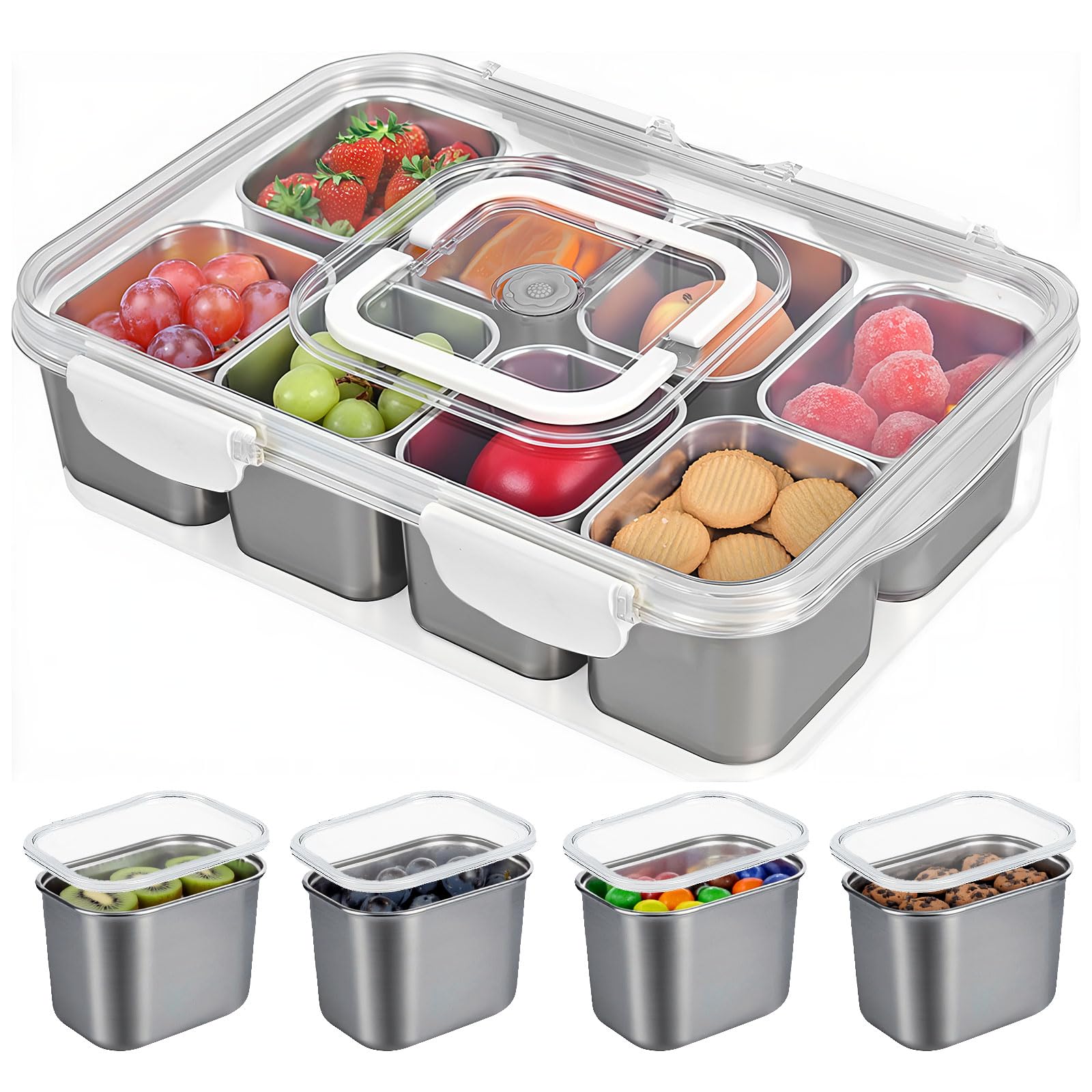 Photo 1 of ***MISSING LITTLE CONTAINERS*** 
Snackle Box Container, 304 Stainless Steel Snack Containers, Snacklebox, Divided Serving Tray with Lid and Handle, Portable Snack Tray for Beach, Road Trip, Picnic, Boat Days, Ball Games and Pool