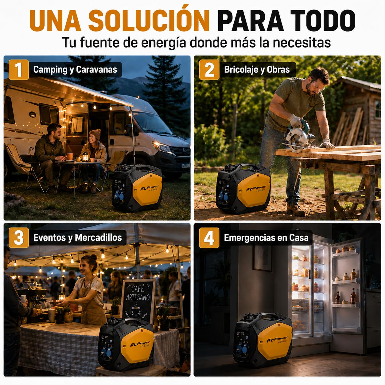ITCPower Generador Inverter Gasolina 2200W Silencioso y Portátil para Exteriores - Generador 2000W Ideal para Electrónica Sensible - Generador Inverter 230V con Bajo Ruido 59dB - 3h de Autonomía