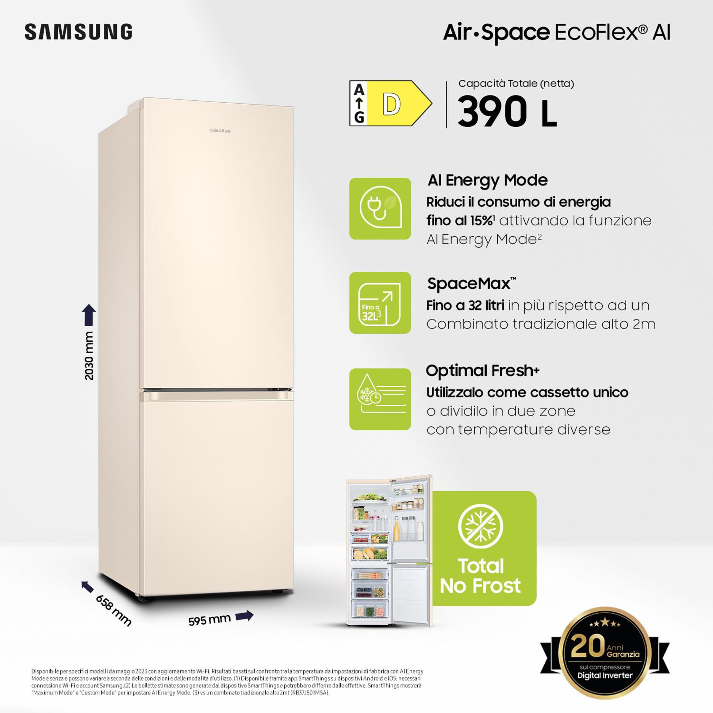 Samsung EcoFlex AI RB38C603DEL Frigorifero Combinato, WiFi, SpaceMax, Total No Frost, All Around Cooling, Motore Digital Inverter Garantito, 390 L, Sabbia (Ricondizionato)