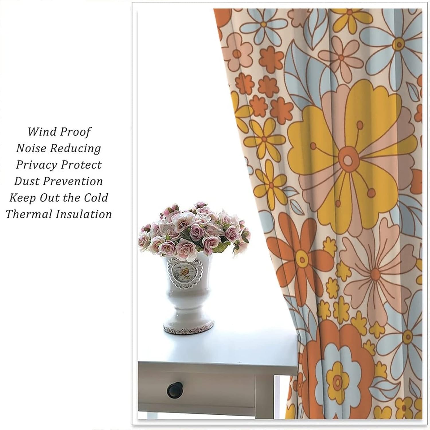 Retro 70s Floral Blackout Curtains Hippie Summer Groovy Flower Power Flower Boho Print Suitable for Home Bedroom Window Drapes Abstract Aesthetics Decoration 2 Panels 72x63in