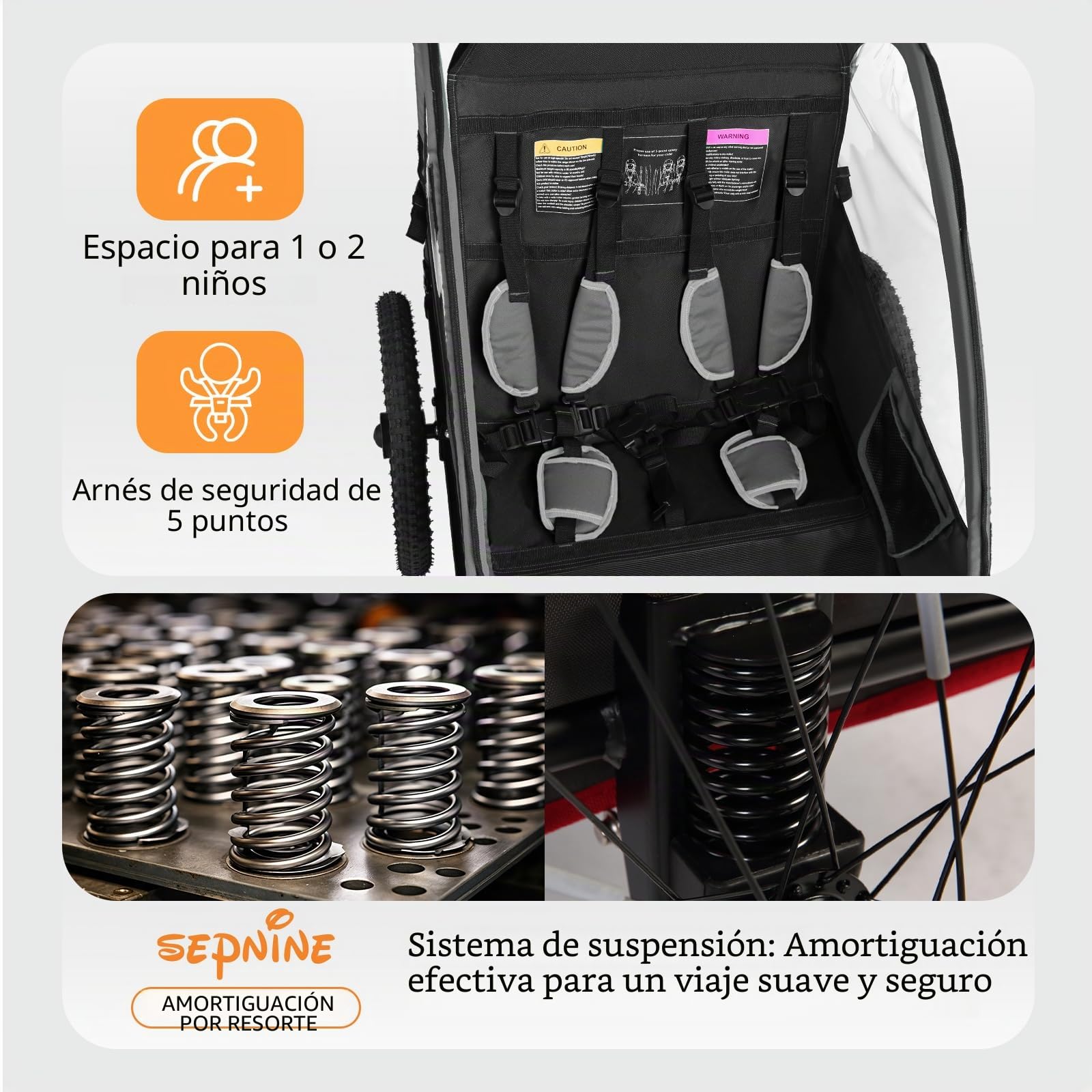 SEPNINE Remolque Infantil 2 en 1 y Cochecito con suspensión, Remolque de Bicicleta para 1 a 2 niños máximo, función de Jogger, Plegable, Amplio Maletero