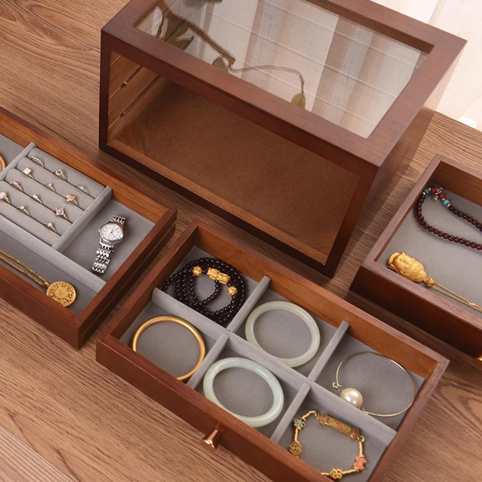 Joyero de Madera de 3 Capas para Mujeres - Cajas de joyería Grandes con 3 cajones, Caja de Almacenamiento de Joyas para Anillos, Pendientes, Pulseras, Collares(marrón)
