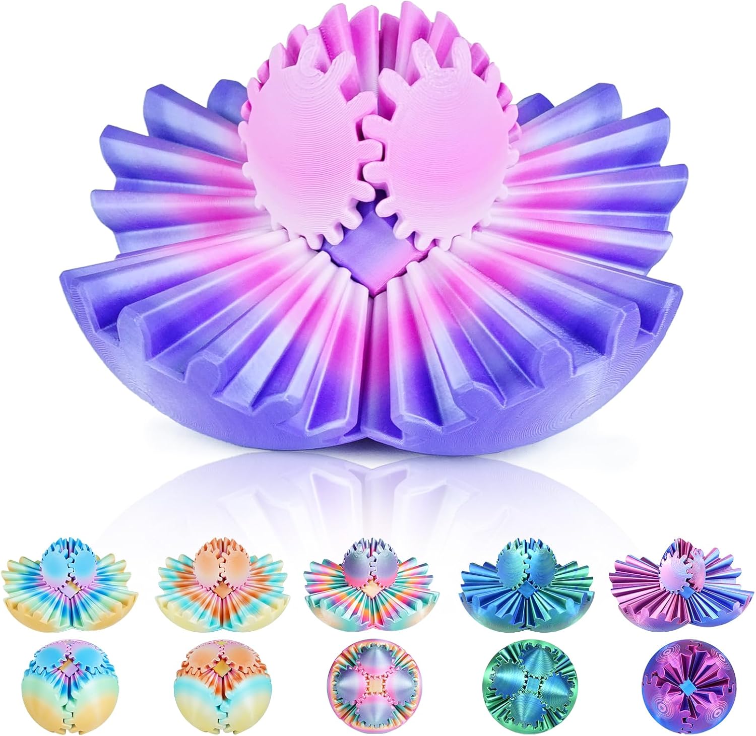 Gear Ball, 3D Printed Gear Sphere Fidget Toy, Sensory Stress Relief Ball for Kids and Adults, ADHD Autism Desk Toy Stocking Stuffer Unique Fun Office White Elephant Gift (Pink Purple, 3.15inches)