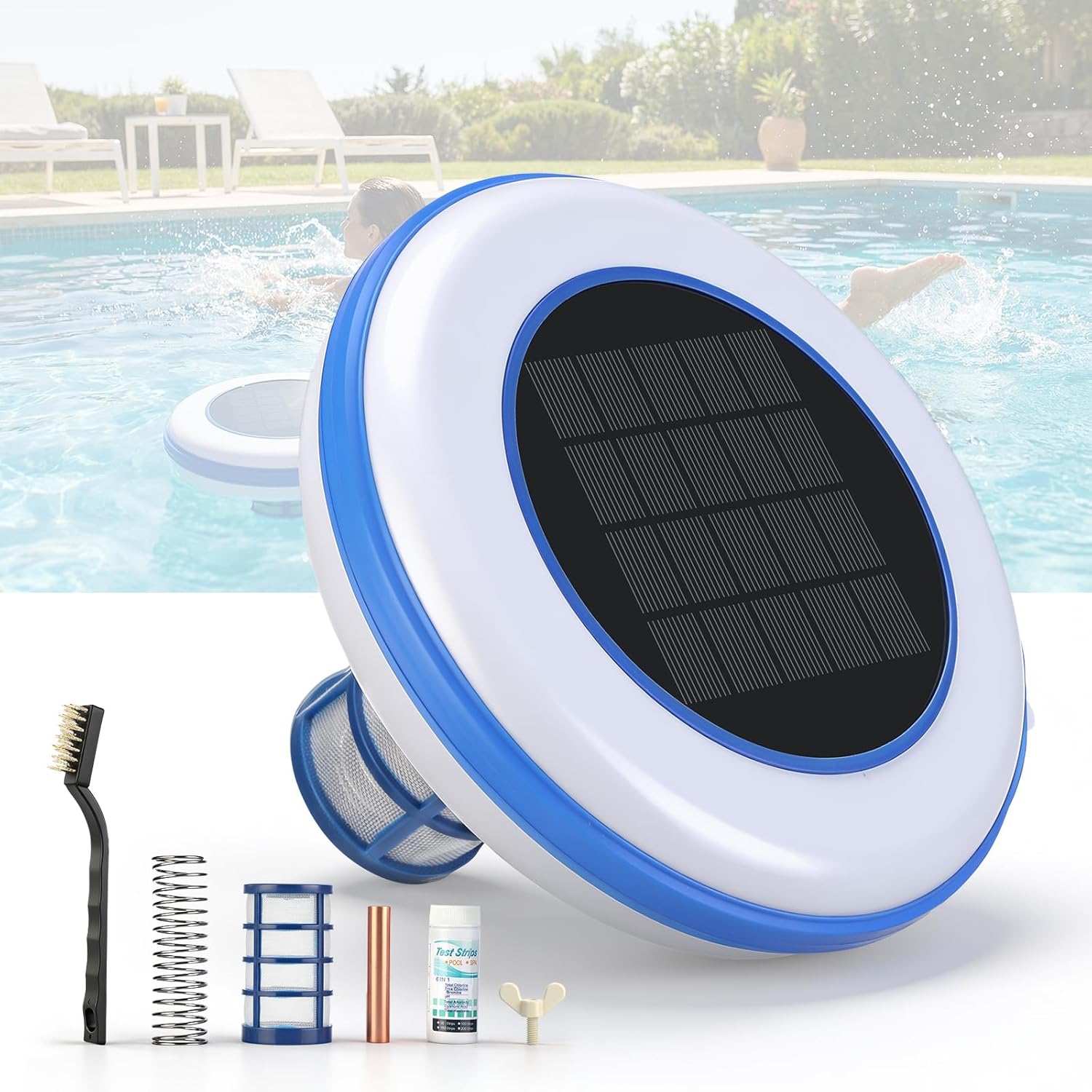 Solar Pool Ionizer, Upgraded 1.8W Solar Panel & Long-Lasting 1lb Copper Anode, Mineral-Based Water Purifier for Pools up to 45,000 Gallons, Reduces Chlorine Use by 85%, Includes Brush & Test Strips