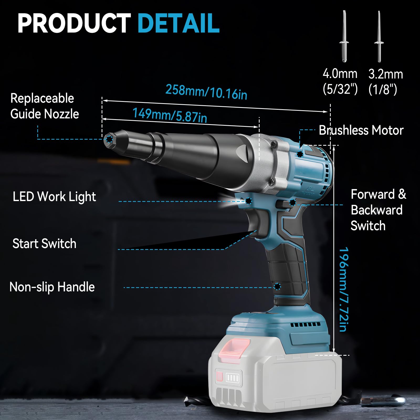 Alicates de remachado compatible con batería Ma-Kita de 18 V-21 V, pistola de remache inalámbrica y sin escobillas para remaches de 1/8 pulgadas
