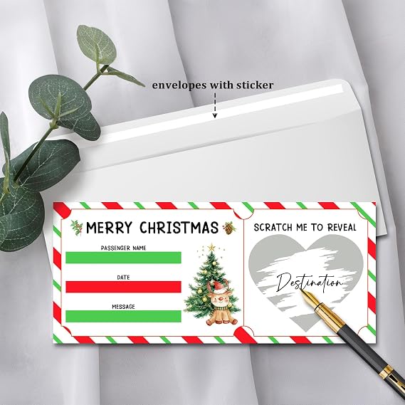 Christmas Boarding Pass Gift Ticket, Boarding Pass Airline Tickets Scratch Off Travel Tickets With Envelopes, Scratch & Reveal Surprise Ticket for Couples New Year Anniversary Birthday/004(2 Set DIY)