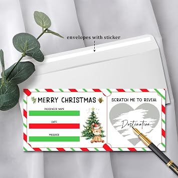 Christmas Boarding Pass Gift Ticket, Boarding Pass Airline Tickets Scratch Off Travel Tickets With Envelopes, Scratch & Reveal Surprise Ticket for Couples New Year Anniversary Birthday/004(2 Set DIY)