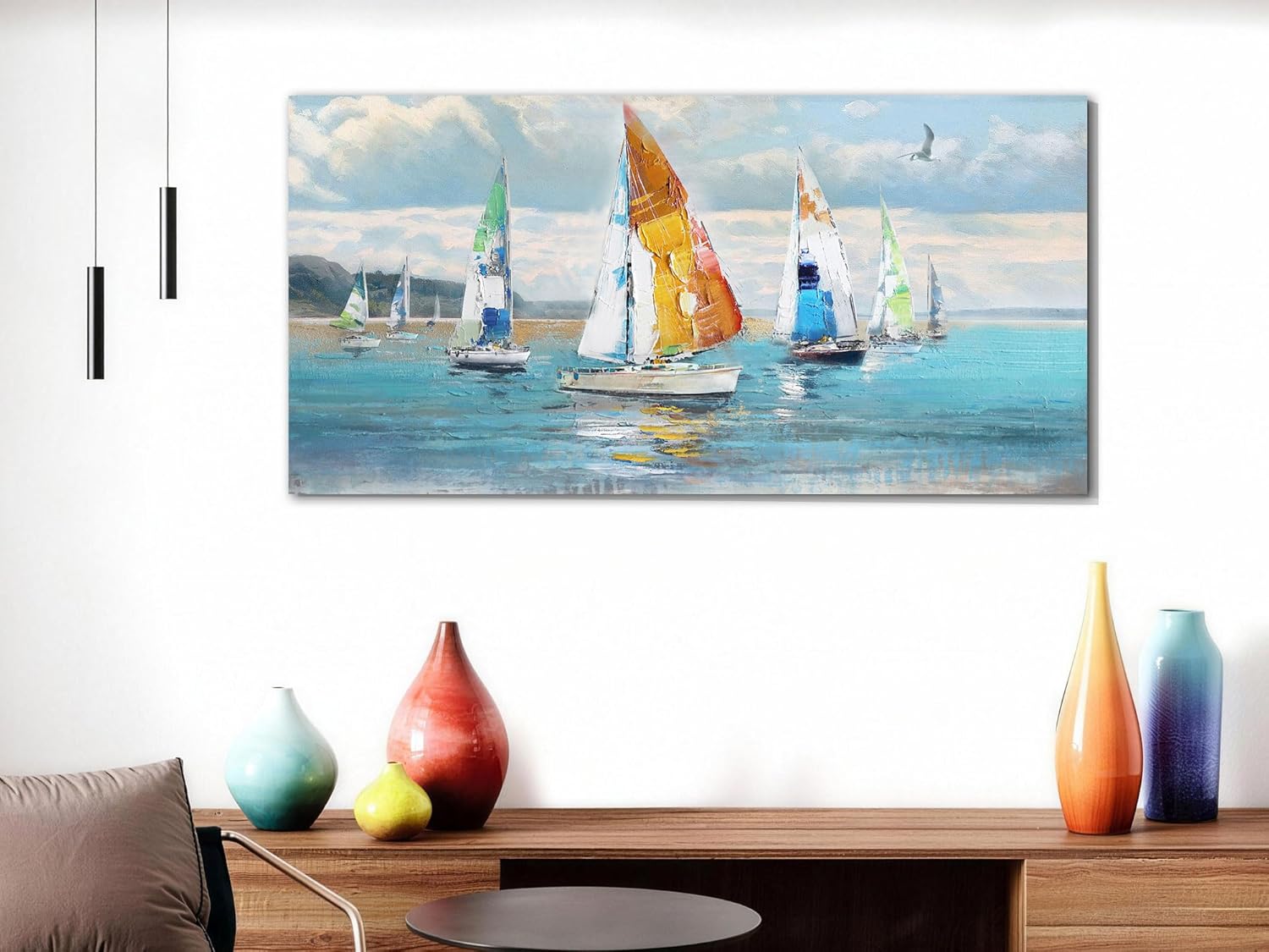 Ardemy Sailboat Wall Art Blue Abstract Canvas Art Nautical Textured Artwork Ocean Picture Wall Decor, Large Coastal Painting for Living Room Bedroom Home Office, 40"x20"