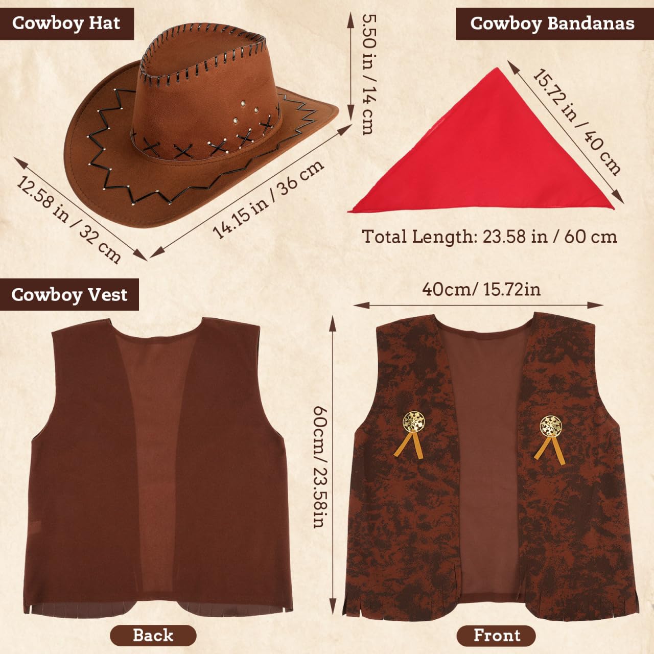 Kostium kowbojski, western, cosplay, kamizelka z frędzlami, kapelusz, chusta, na karnawał, hipisowy, zestaw dla dorosłych