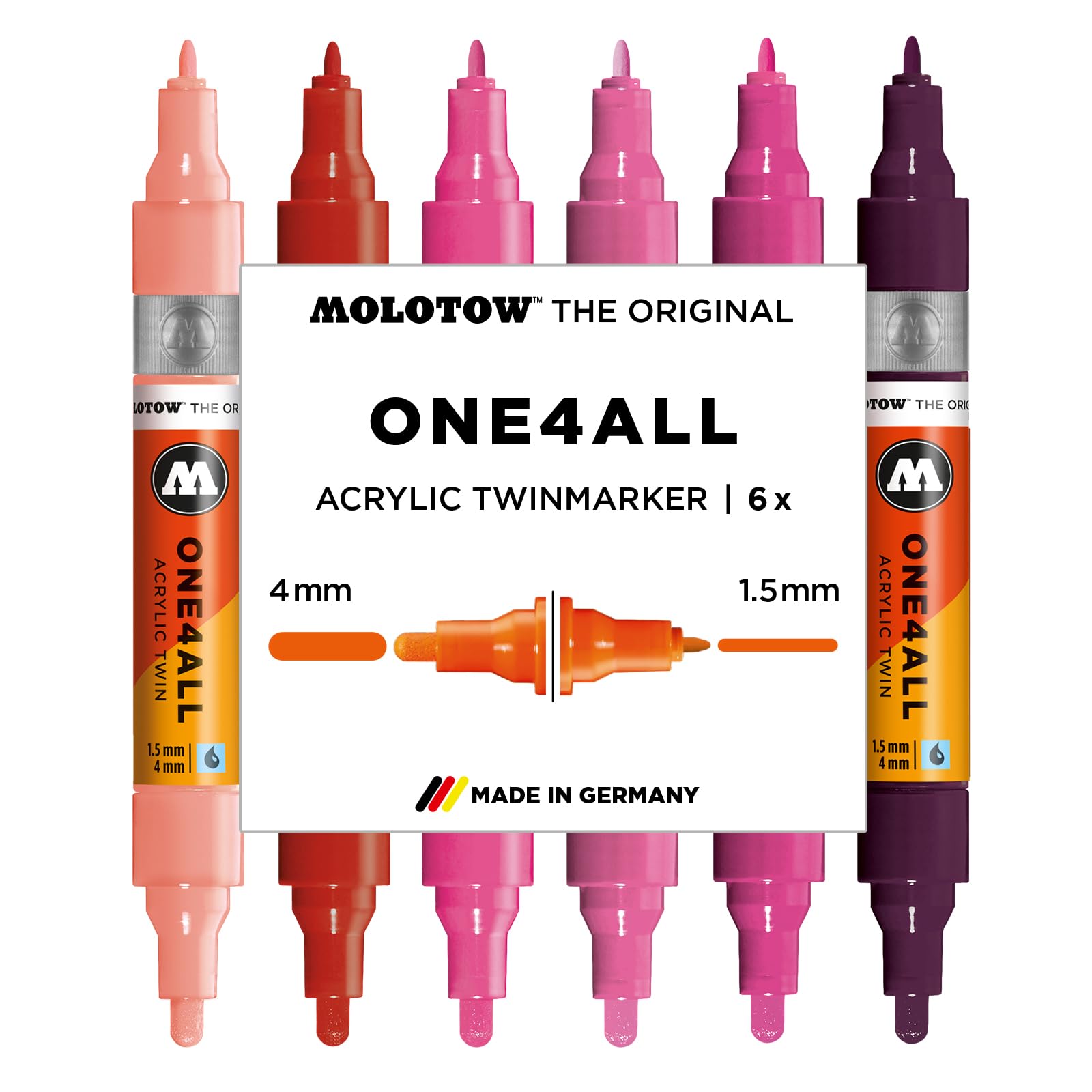 Molotow One4All Acrylic Twin Marker Pink Lot de 6 marqueurs (épaisseur de trait 1,5 et 4,0 mm, très couvrant et permanent, séchage rapide, rechargeables, pour presque toutes les surfaces)