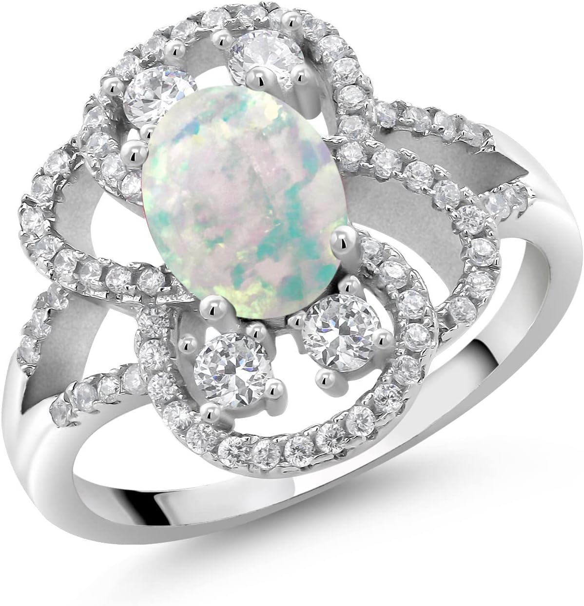 Gem Stone King 925 Sterling Silver 9X7MM Oval Cabochon White Simulated Opal Statement Ring For Women | 1.82 cttw
