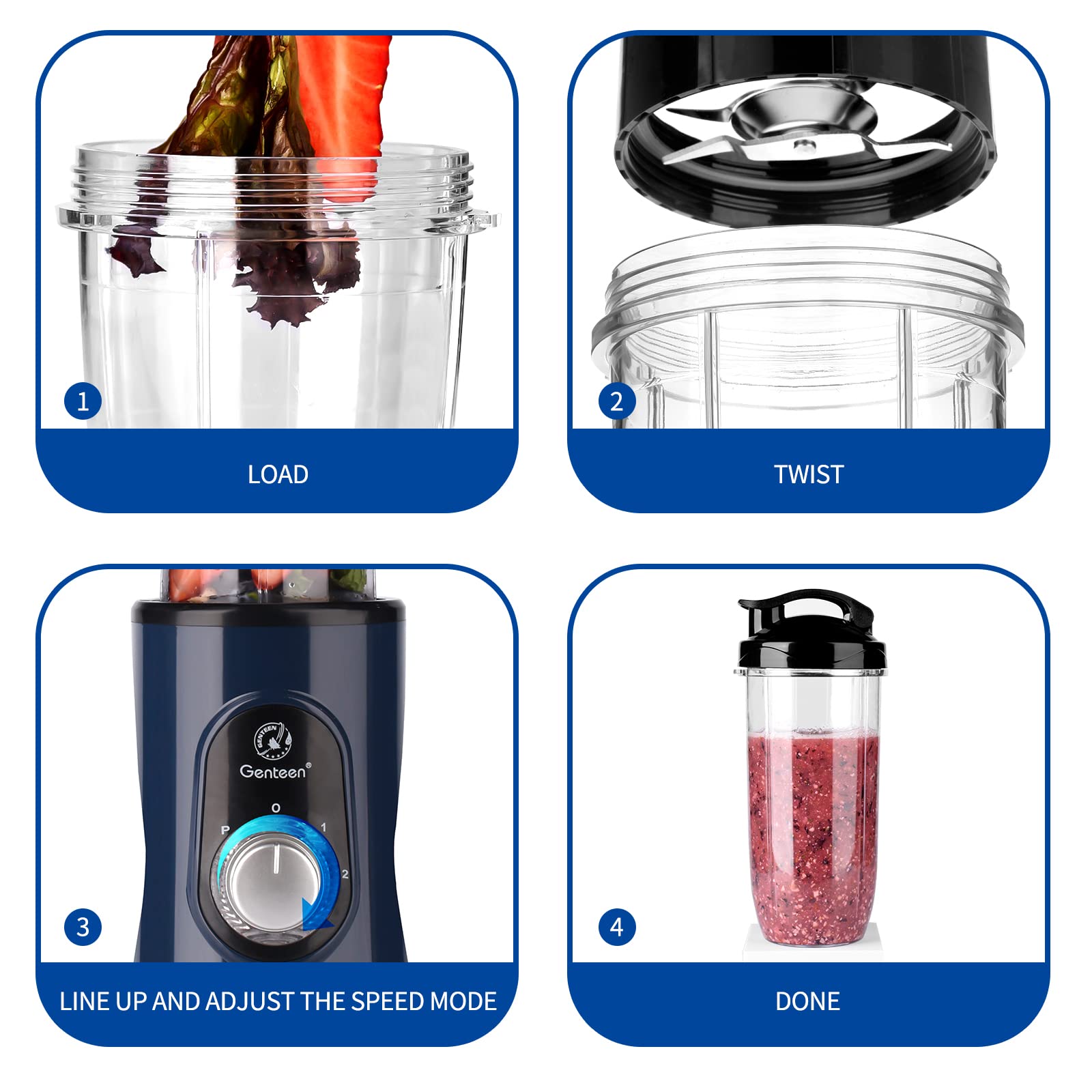 Genteen Smoothie Bullet Blender for Shakes and Smoothies,650W Personal Blender | 8 Pcs Smoothie Blender with 3 Speeds,24+17oz Travel Bottles BPA Free Single Serve Blender for Protein Shakes (Blue)