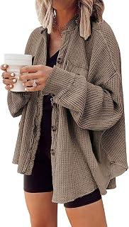Women's Vintage Banded Collar Button Down Baggy Loose Fit Mid-Weight Frayed Waffle Knit Shacket Shirt Tops