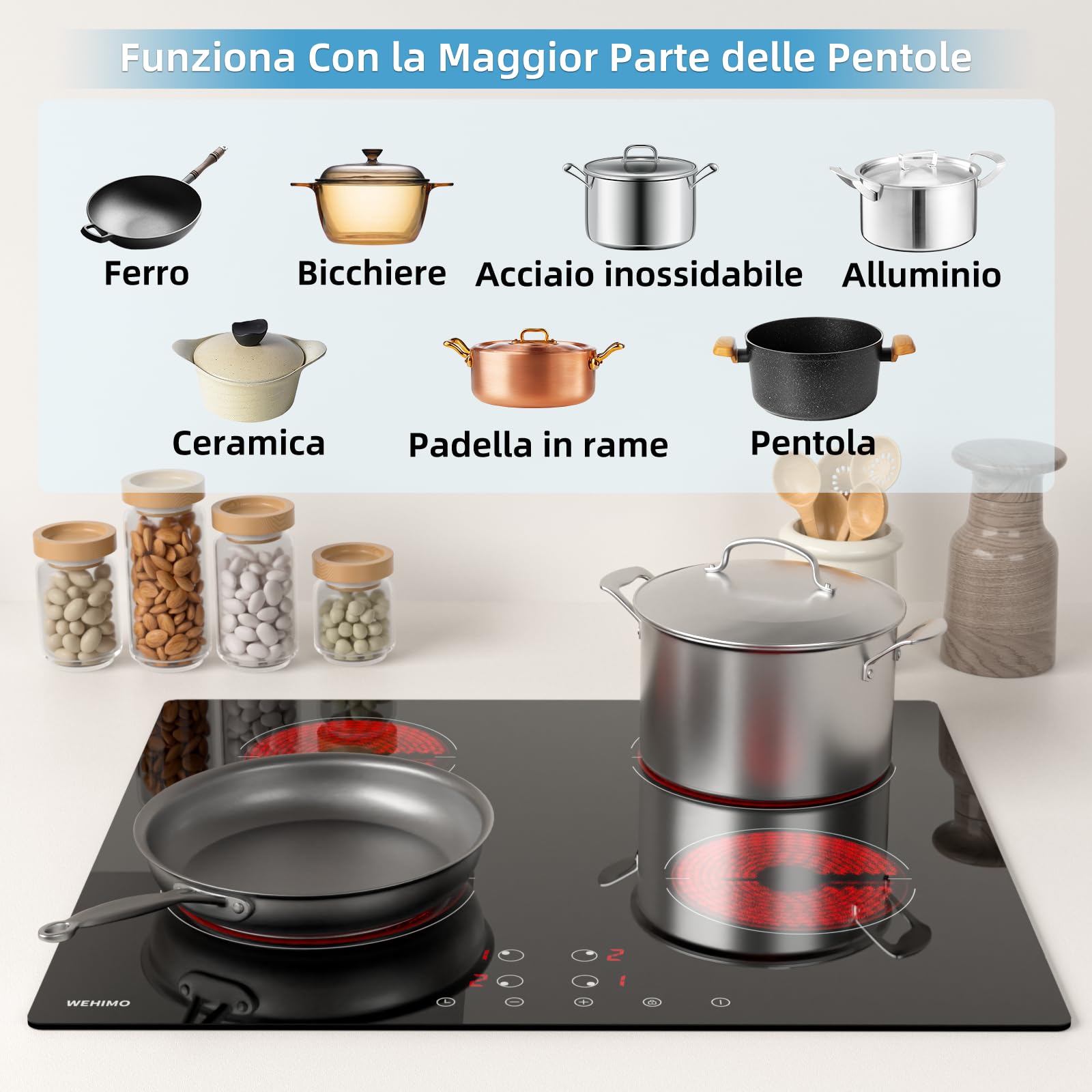 WEHIMO Piano Cottura in Vetroceramica 4 Fuochi, Piano Cottura Elettrico, 59cm, 6000W, 4 Zone di Cottura, 9 Livelli di Riscaldamento, Timer, Controllo Tocco, Sicurezza Bambini