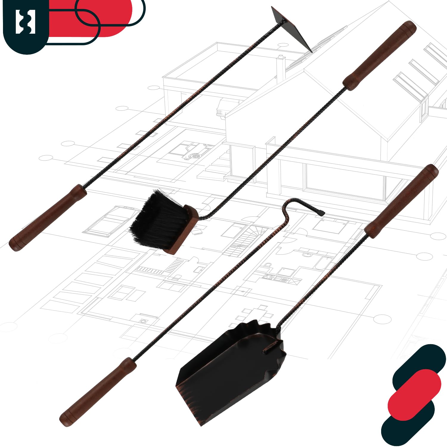 KOTARBAU® Kaminbesteck mit Ständer Set Kaminzubehör Kaminständer Schürhaken Aschekratzer Kohlenschaufel Besen Kamingarnitur Kaminset Ofenbesteck Schwarz