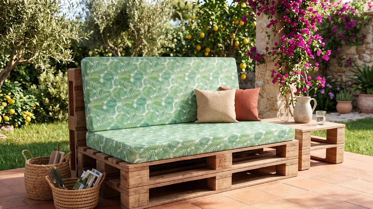 Cojines para Sofá de Palets, Diseño Hojas Verde, 50% Algodón 50% Poliéster, Asiento 120x80cm y Respaldo 120x60cm, Espuma Alta Densidad, con Cremallera