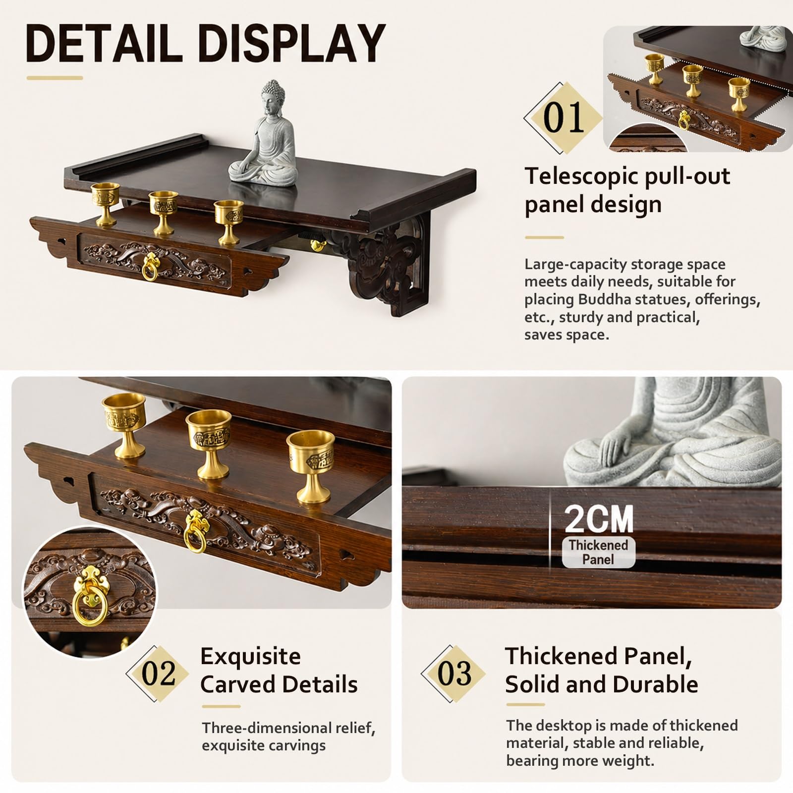 Wall Mounted Bamboo Buddha Altar Table With Drawer, Pooja Mandir Shrine Shelf For Buddha Statue, Meditation, Prayer, Incense Offerings, Home Temple Decor