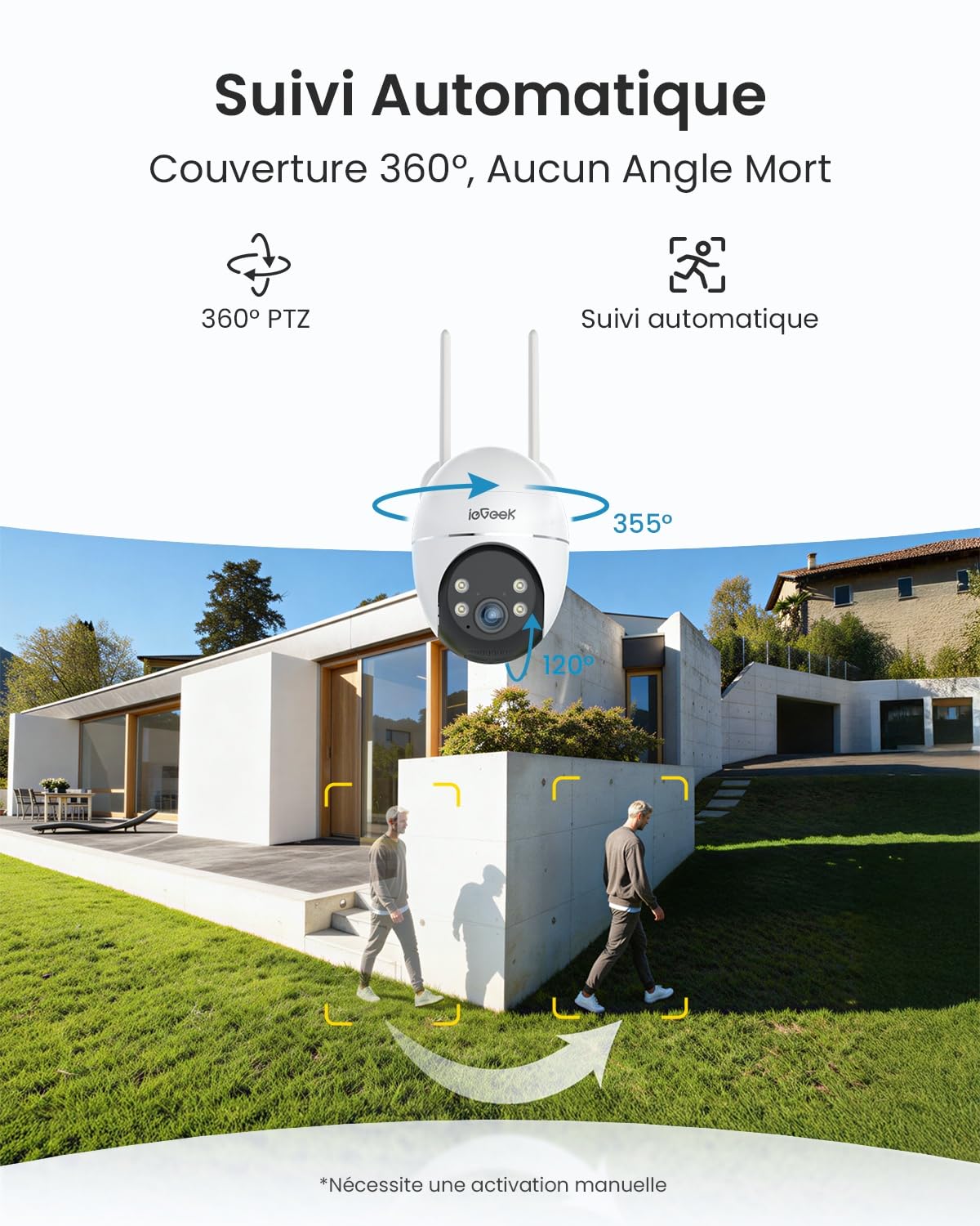 ieGeek 24/7 Enregistrement AOV 2K Camera Surveillance WiFi Exterieure sans Fil Solaire, Suivi Automatique, 360° PTZ, Batterie 9000mAh, 30m Détection Humaine par AI, Alarme Lumineuse et Sonore, S7