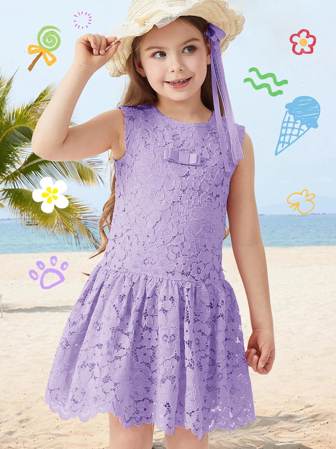 ALLOVIN Girls & Toddlers Spring Graduation Lace Drop Waist A-Line Flower Girl Dress Sleeveless Wedding Party Bowknot 4-9Y