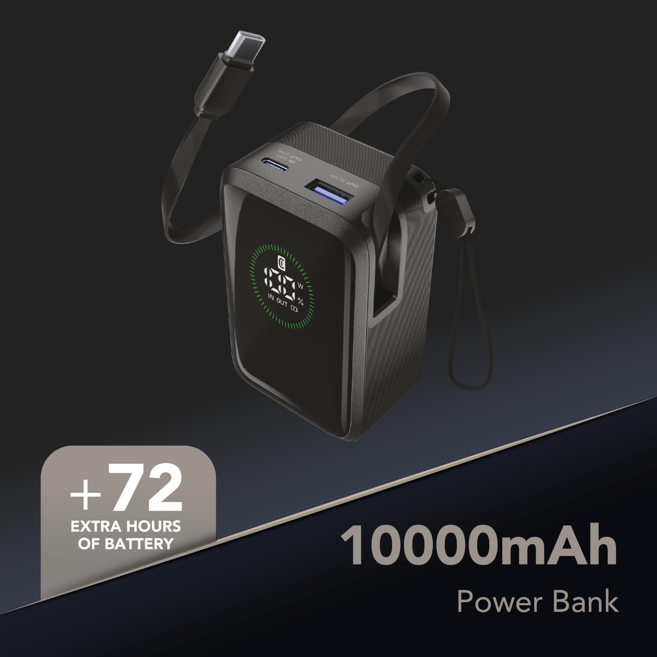 Cellularline Powerbank Roller 10.000 mAh mit 45 W Schnellladefunktion, integriertem 70 cm USB-C-Kabel, LCD-Display, DREI Anschlüssen und Trageschlaufe Schwarz