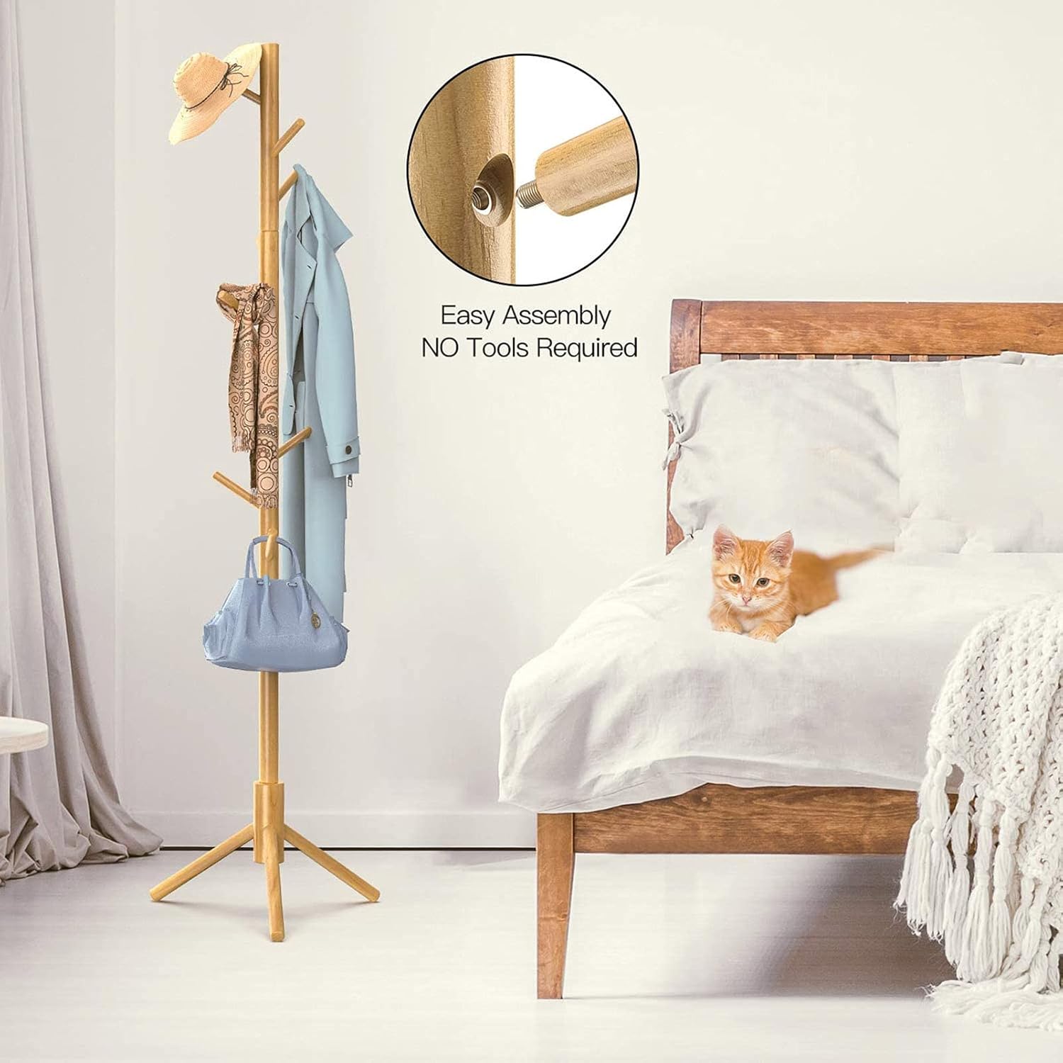 自立式木製コートラック（フック8個付き） &ndash; 寝室、オフィス、廊下に最適な頑丈な洋服ハンガー &ndash; 工具不要で簡単に組み立てられる、帽
