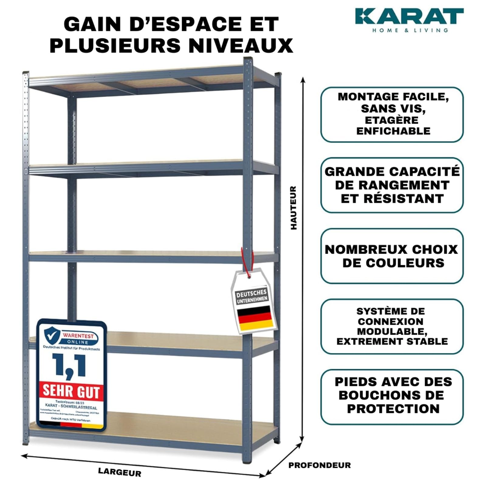 KARAT - Scaffali per carichi pesanti - Scaffali a innesto, per cantina, scaffali per officina - 5 ripiani regolabili - 180 x 90 x 40 cm, grigio