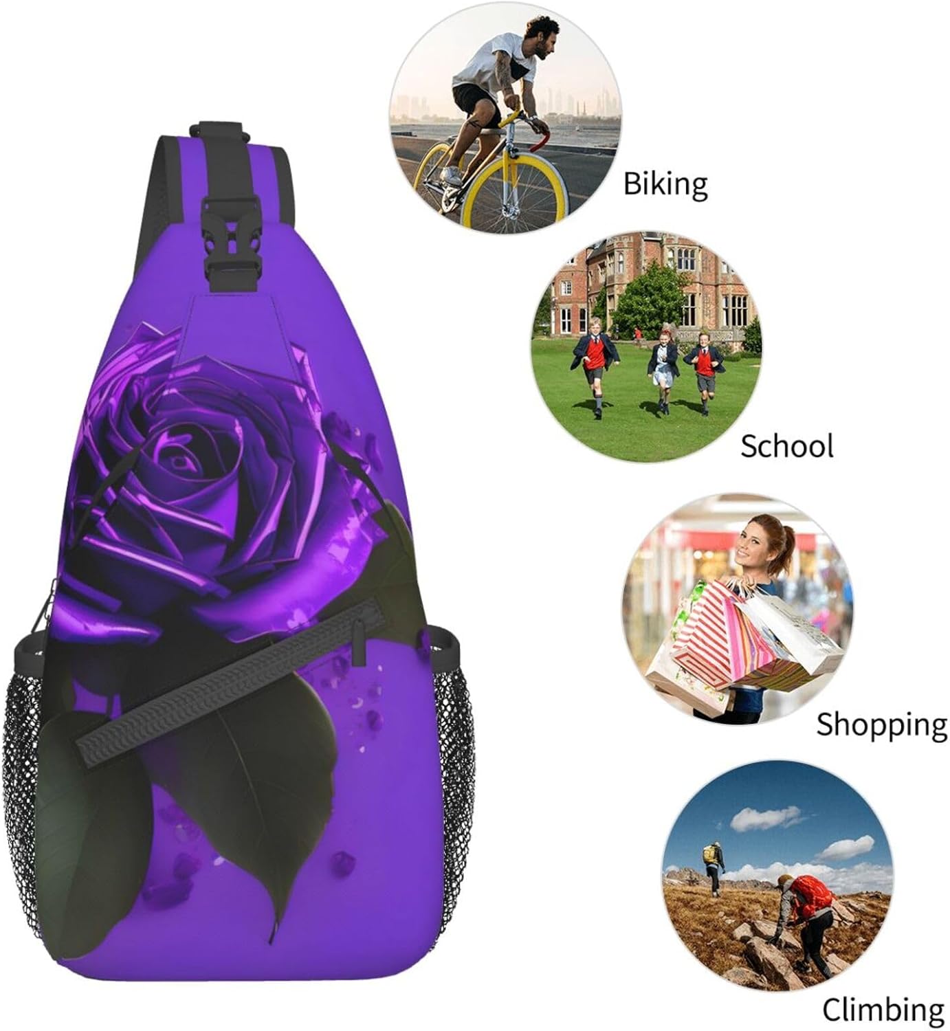 Purple rose print Print Stylish Sling Backpack, Sling Bag,Chest Bag Daypack, for Hiking, Travel, and Business