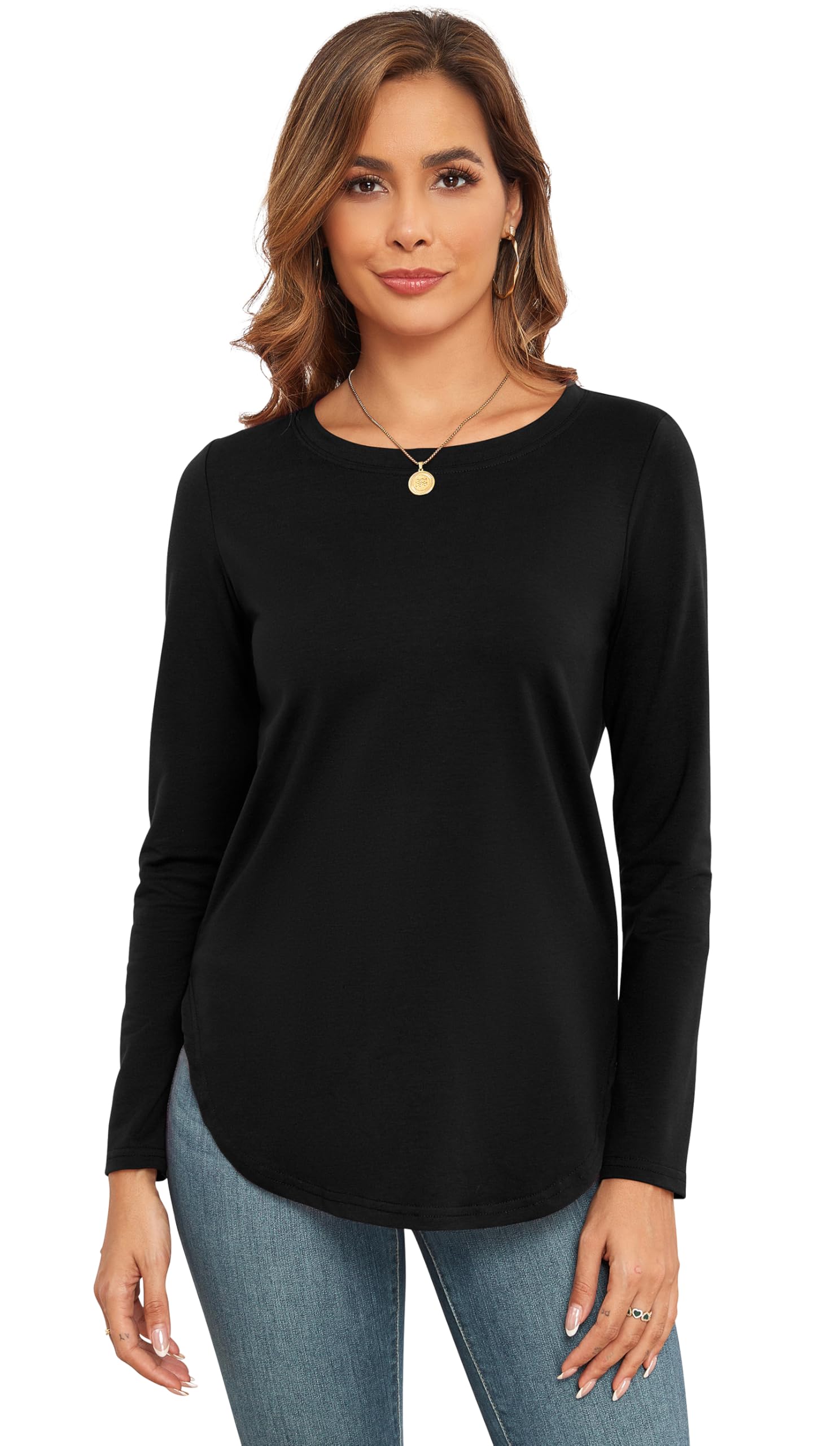 Qaffier Women's Tunic Tops Long Sleeve Shirts for Women Crew Neck Side Split Loose Fit Blouses T-Shirts