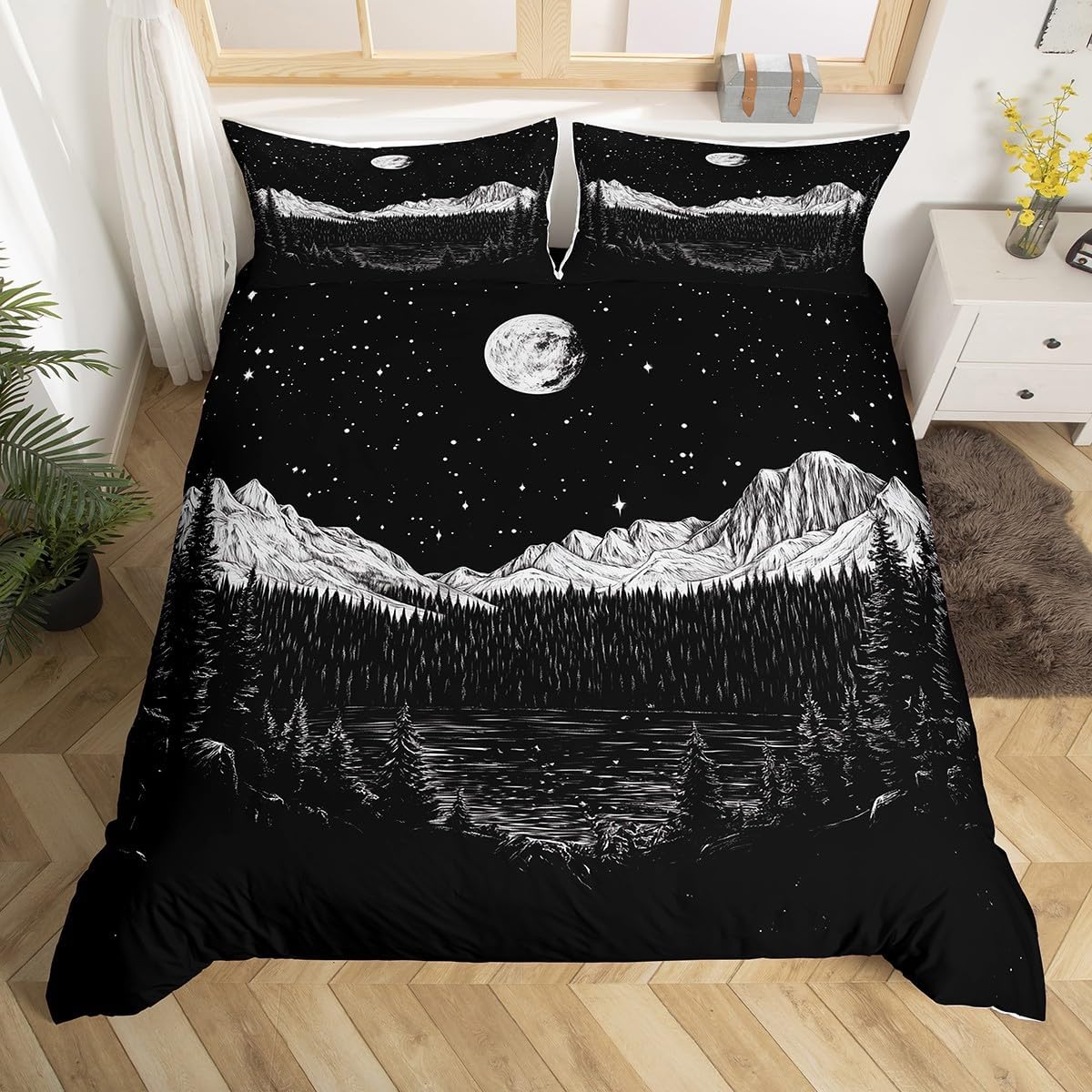 Erosebridal Boho Moon Duvet Cover Bohemian Starry Glitter Twin Bedding Set,Extoic Flowers Printed Comforter Cover for Girls Teens Adults Botancial Plant Floral Bed Cover with 1 Pillow Case