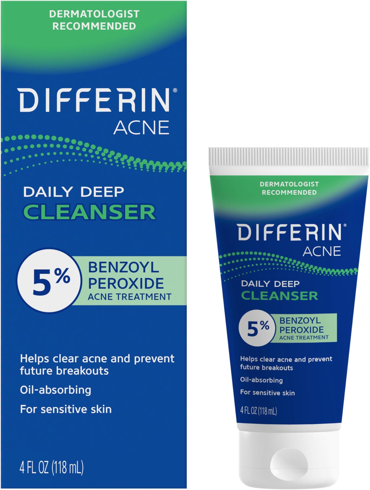 Acne Face Wash with 5% Benzoyl Peroxide, Daily Deep Cleanser by the makers of Differin Gel, Gentle Skin Care for Acne Prone Sensitive Skin, 4 oz (Packaging May Vary)